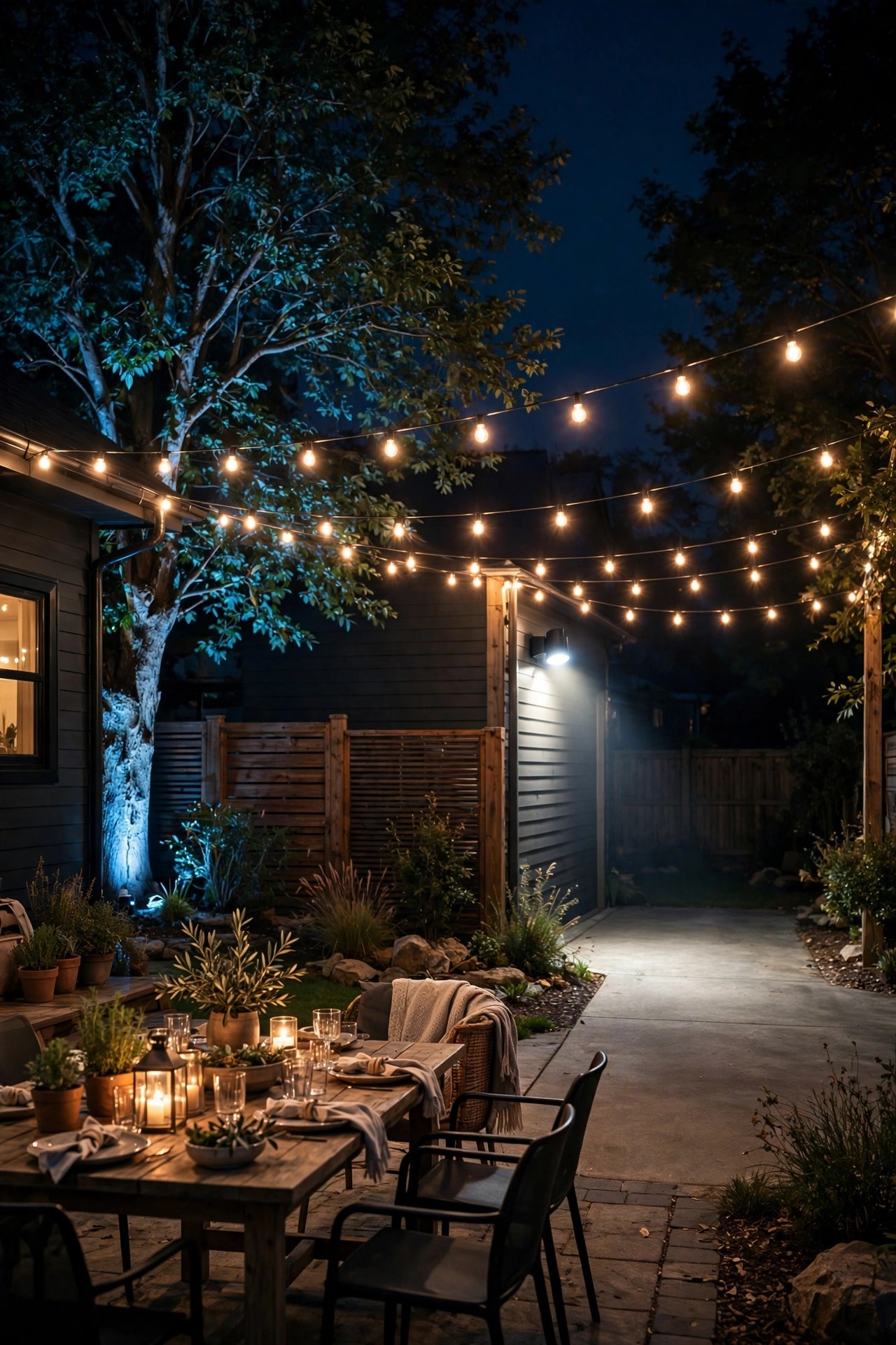 Backyard party in full swing at night without people in focus, steady warm string lights, motion light glowing over a driveway and one tree uplit in a soft color accent