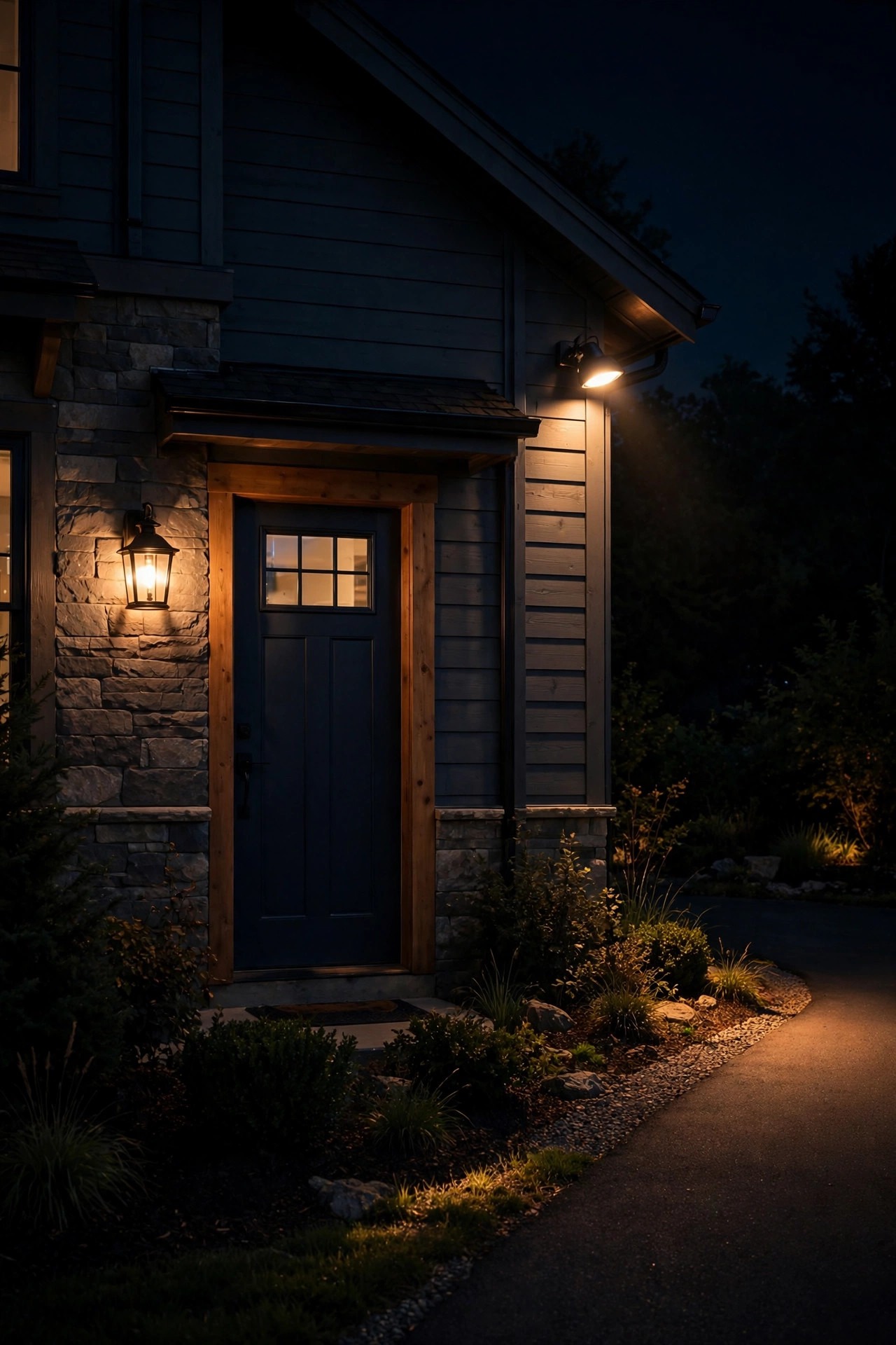 Front entry at full night with a warm dusk-to-dawn porch lantern lit and a motion floodlight softly illuminating the driveway edge