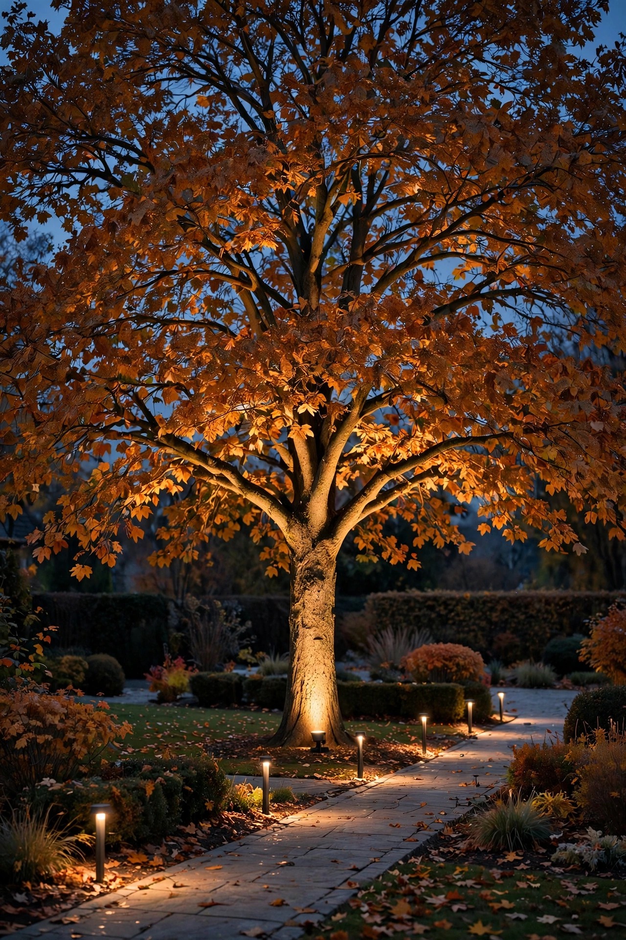 Photorealistic dusk view of a mature tree beautifully uplit from a well-aimed ground spotlight, warm canopy glow, path lights aligned neatly along the walk, tidy autumn yard