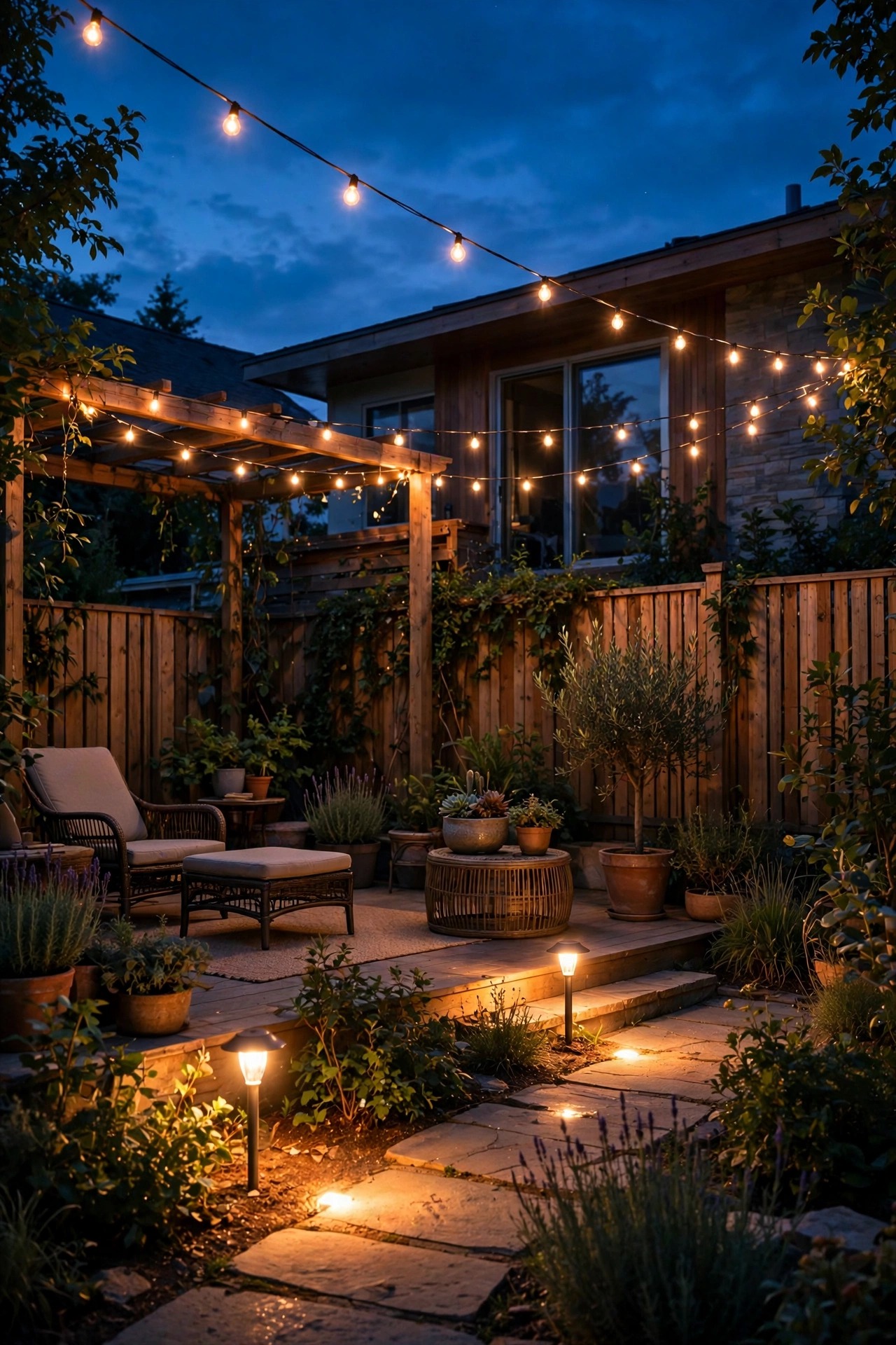 Backyard at dusk running a warm evening scene, string lights dim over a patio while path lights glow at full brightness