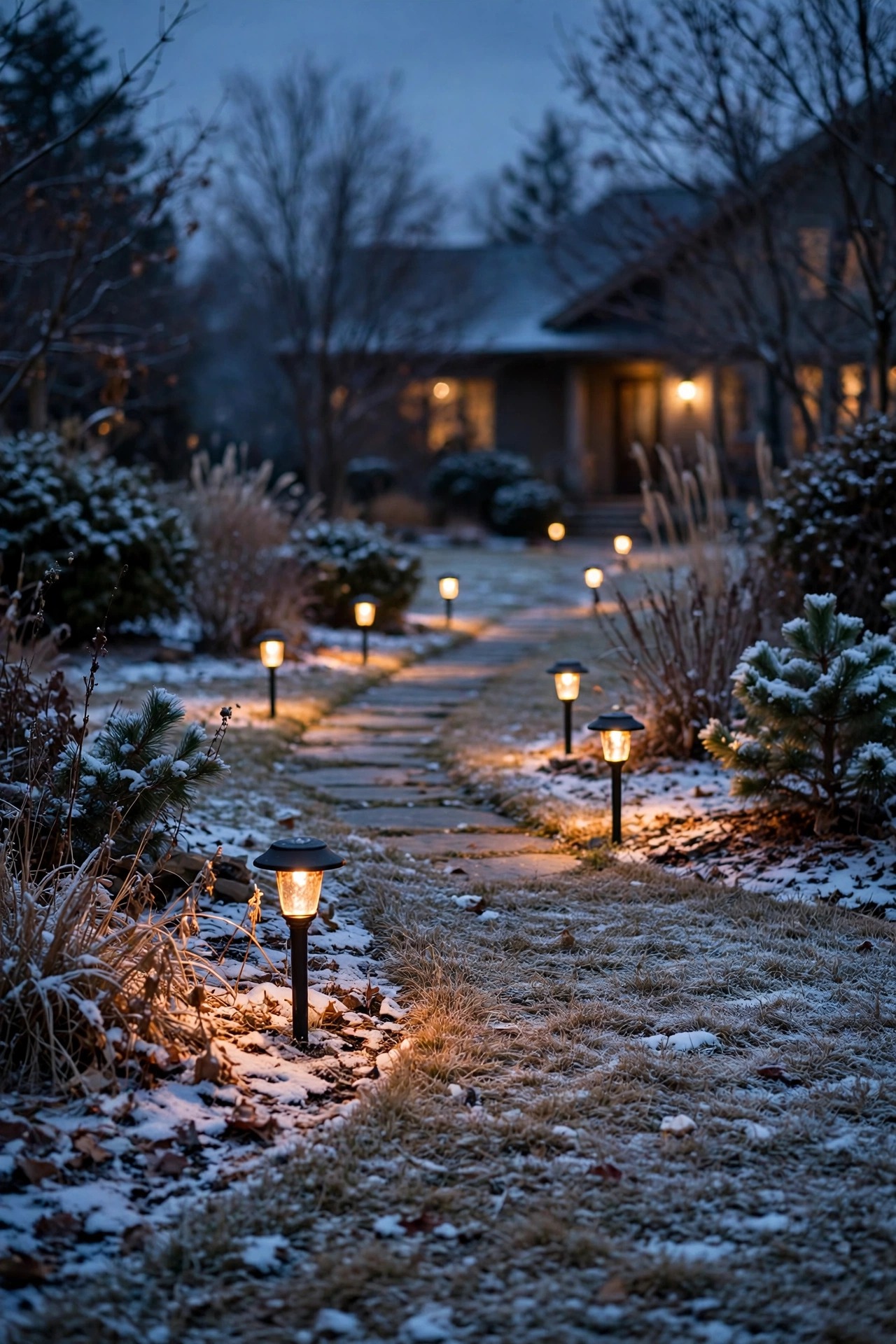 Front yard path lights glowing in early winter darkness with a dusting of snow on the lawn, lights already on in the late afternoon because sunset came early