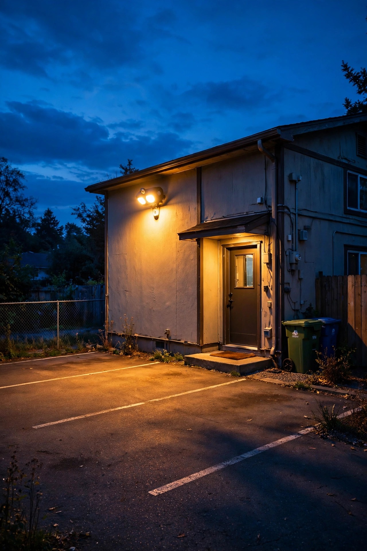 Motion sensor flood light casting a warm wash over a small rental property parking area and back entry at dusk
