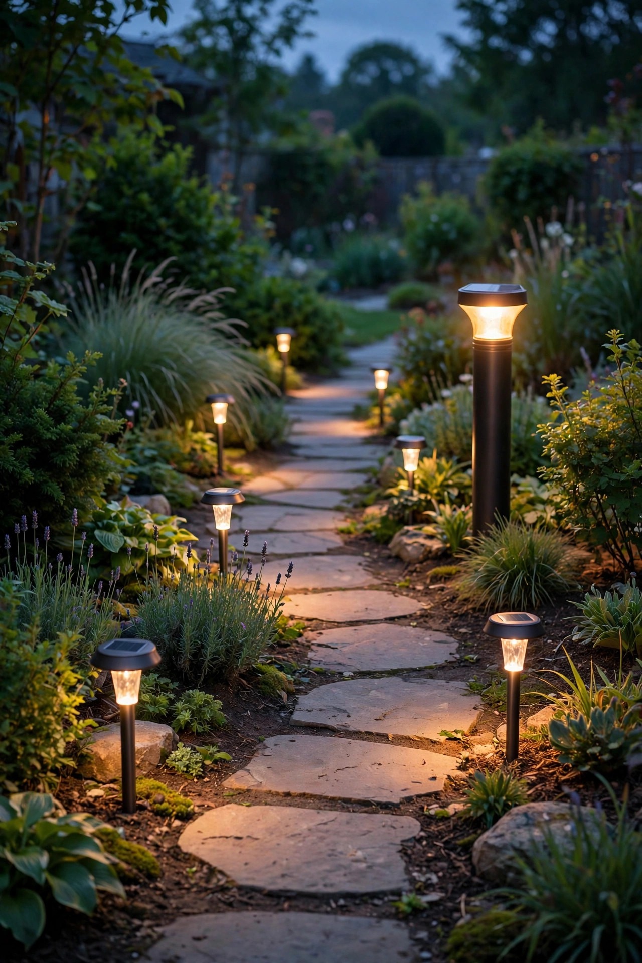 Solar path lights and a solar bollard light glowing along a garden walk at dusk, small solar panels visible on top of each fixture