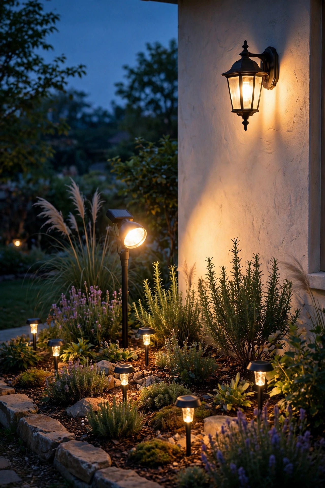 Photorealistic dusk garden scene showing solar stake lights and a solar spotlight glowing in planting beds beside a house wall with an existing wired porch fixture, no visible cables, warm evening light