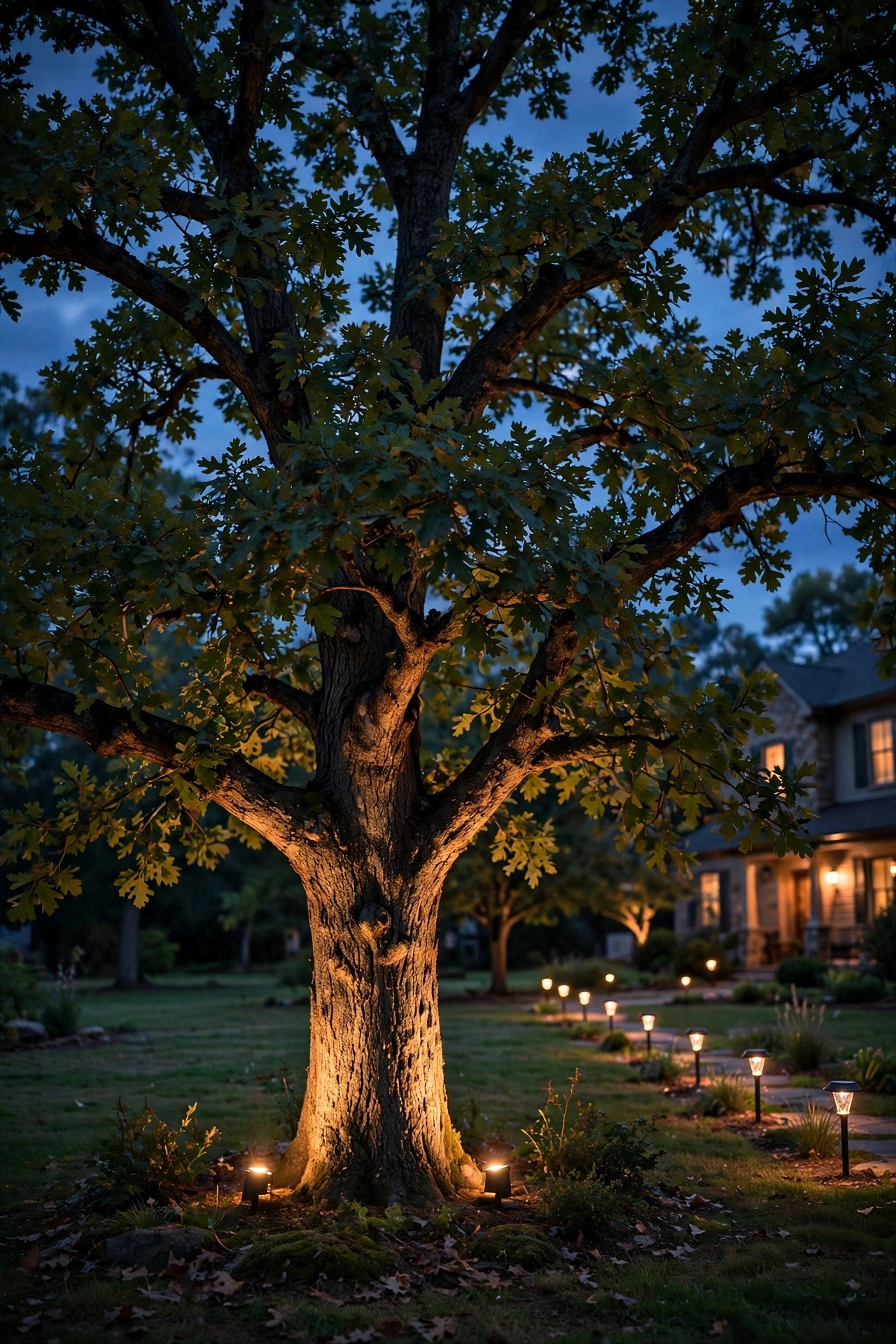 Mature oak tree at dusk with two warm uplights at its base, one side of the yard glowing softly with solar path lights stretching toward the house