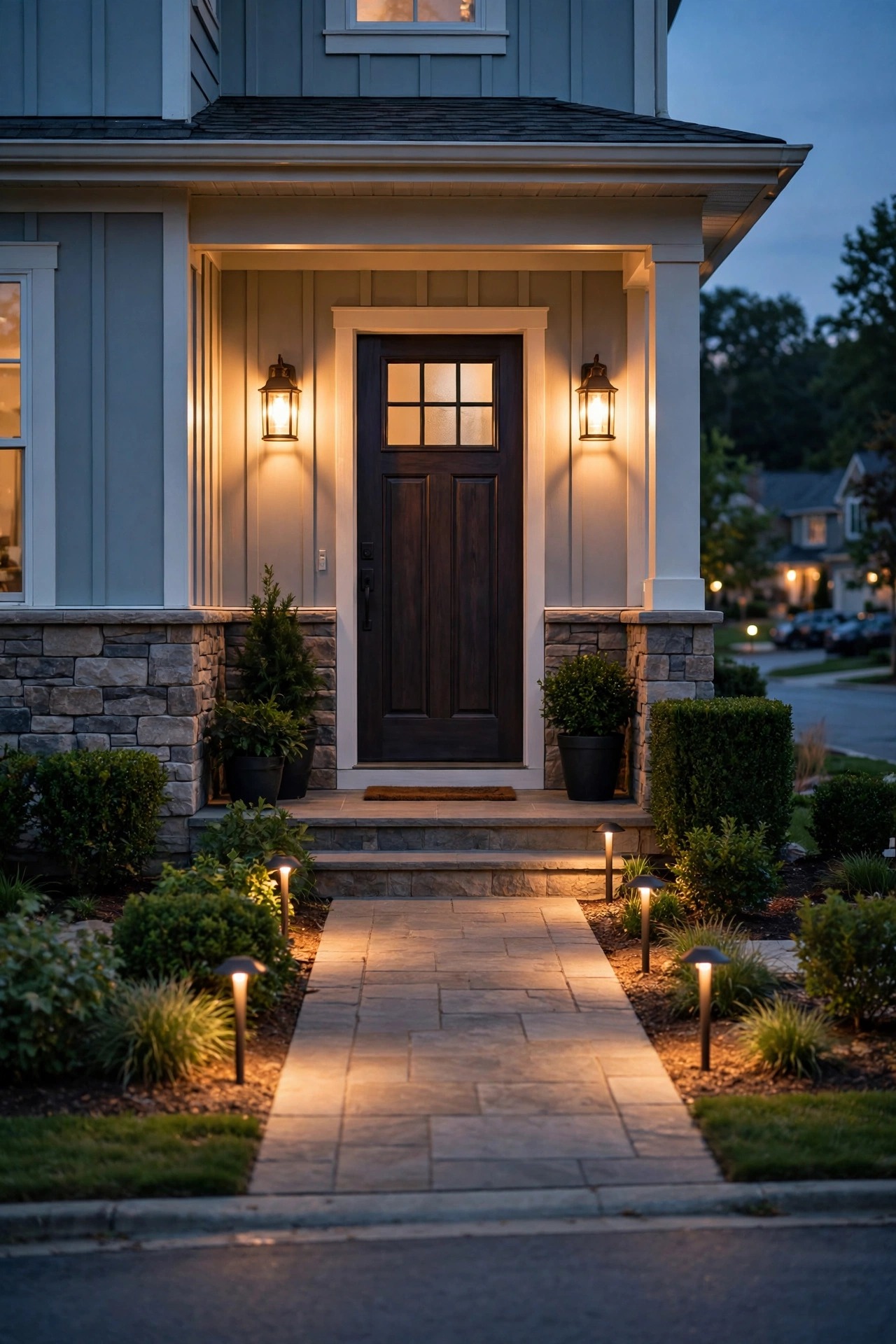 Warm evening view of a tidy suburban front entry with new-looking lantern fixtures lit on either side of the door and a lit walkway leading to the street