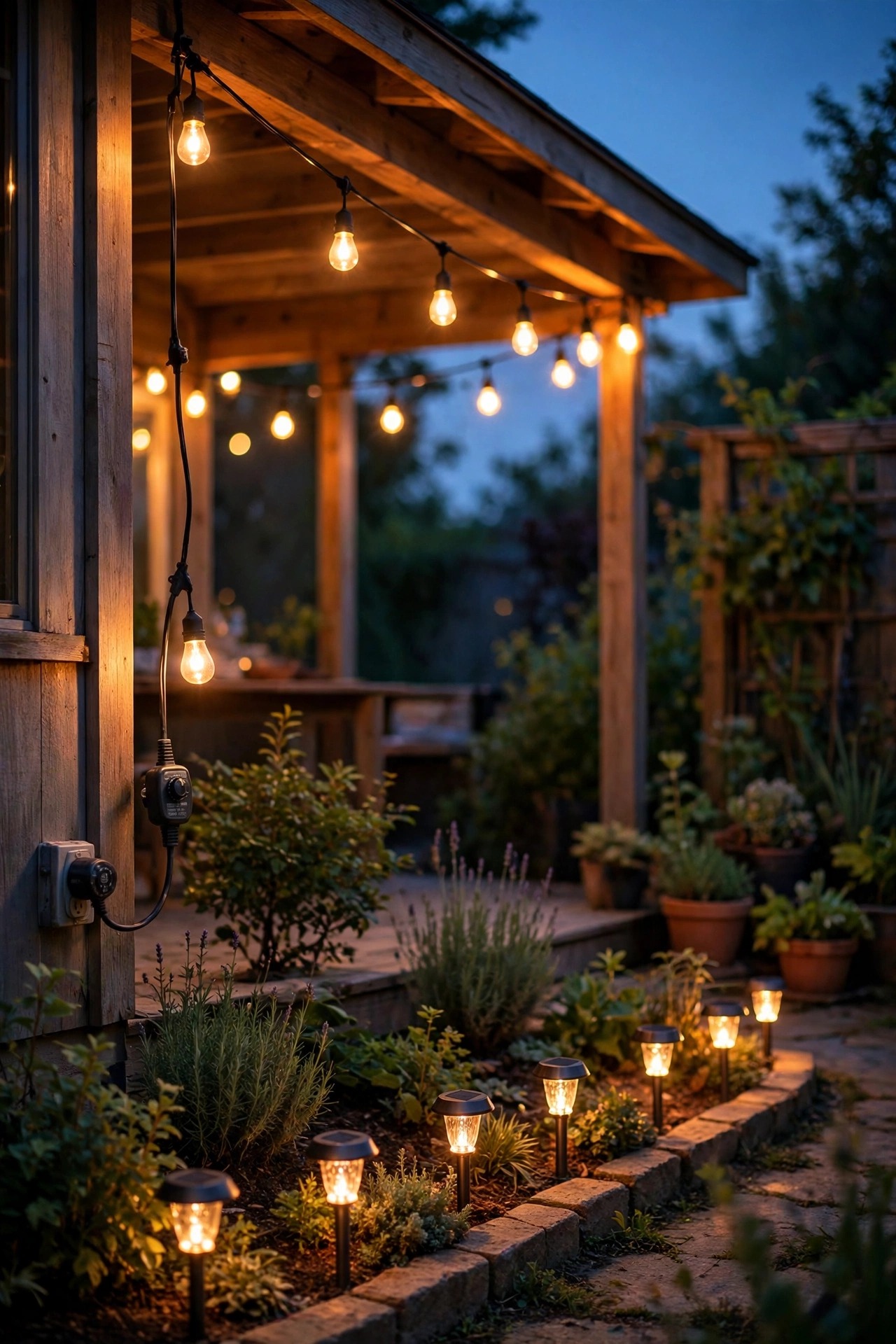 Warm patio string lights glowing at dusk controlled by an outdoor timer plug, with solar path lights glowing along the garden edge nearby
