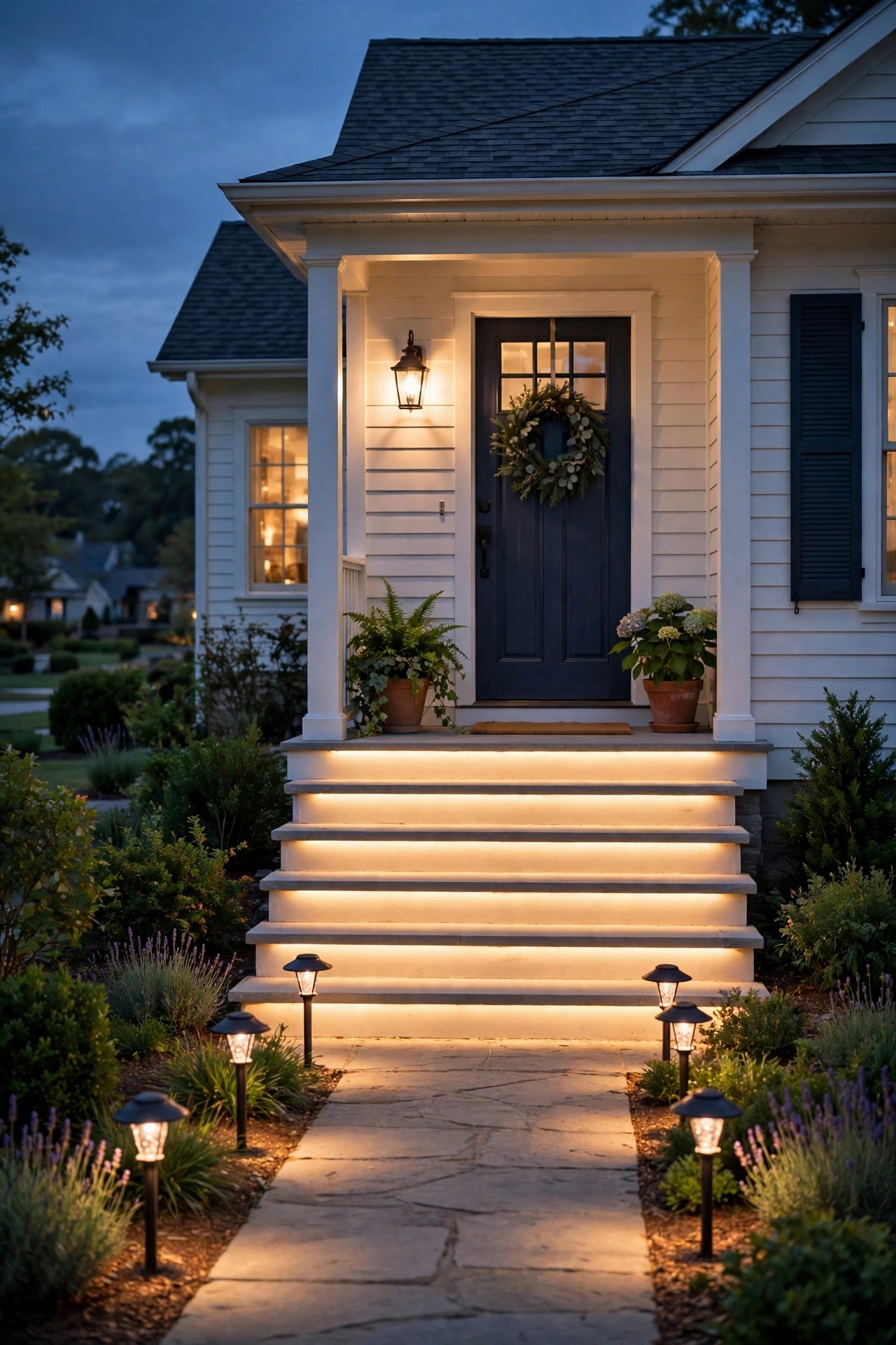 Front steps evenly washed in warm light at dusk with shielded path lights guiding the walkway, no dark treads