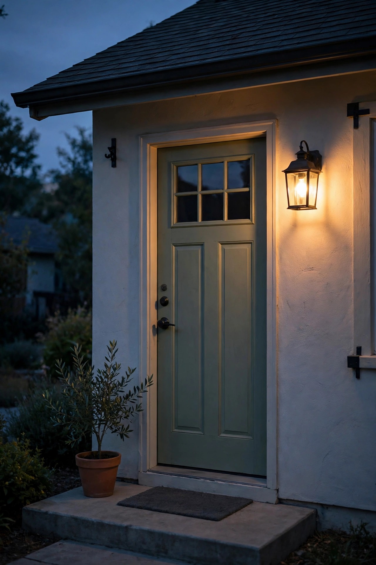 Photorealistic dusk view of a modest front entry with one simple warm lantern glowing beside the door, clean and welcoming