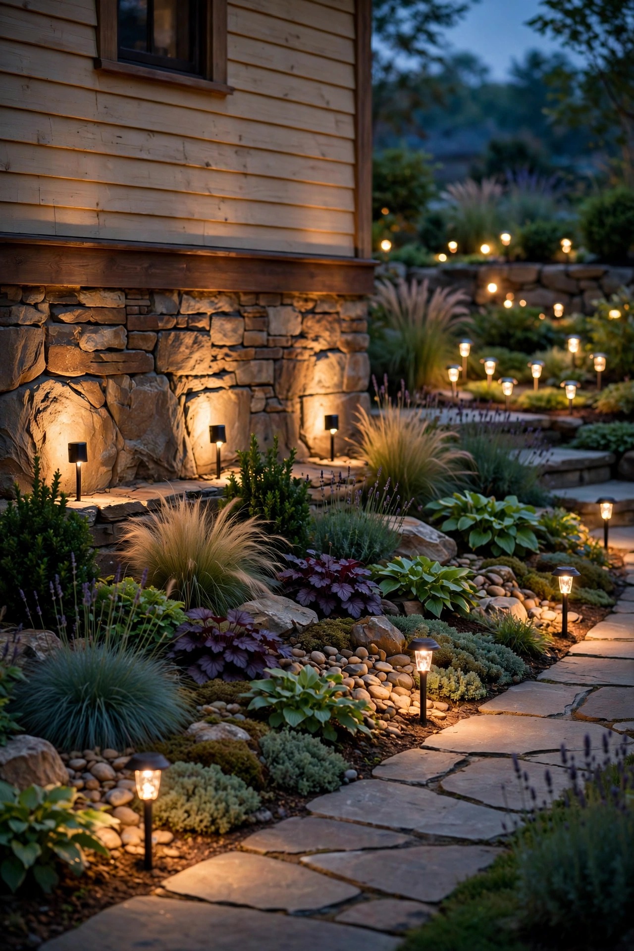 Layered front foundation bed at dusk lit by wired LED uplights and path lights, solar accents glowing softly in a sunny side bed behind