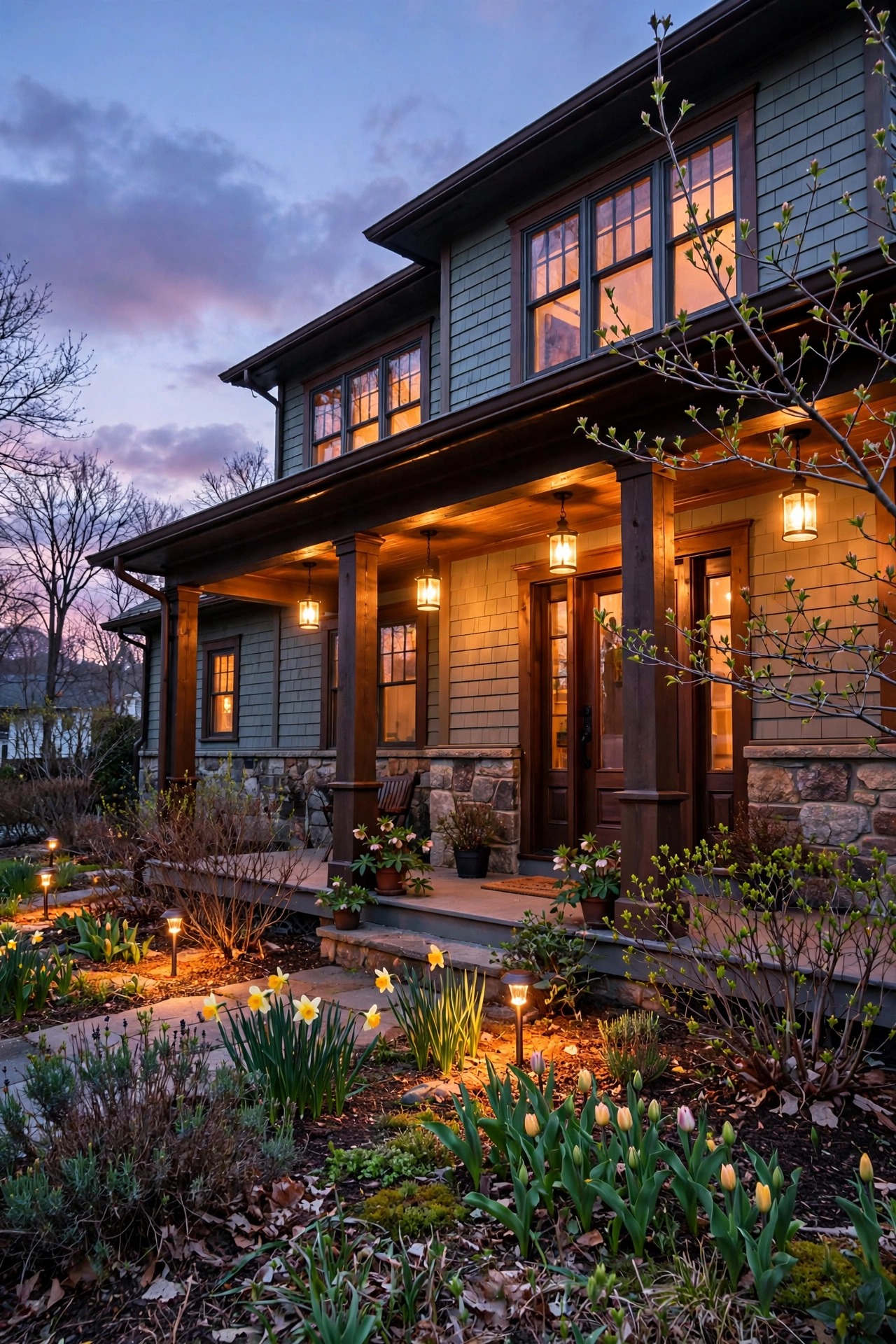 house exterior at dusk in early spring with porch and garden lights on at the right time as evenings begin to lengthen