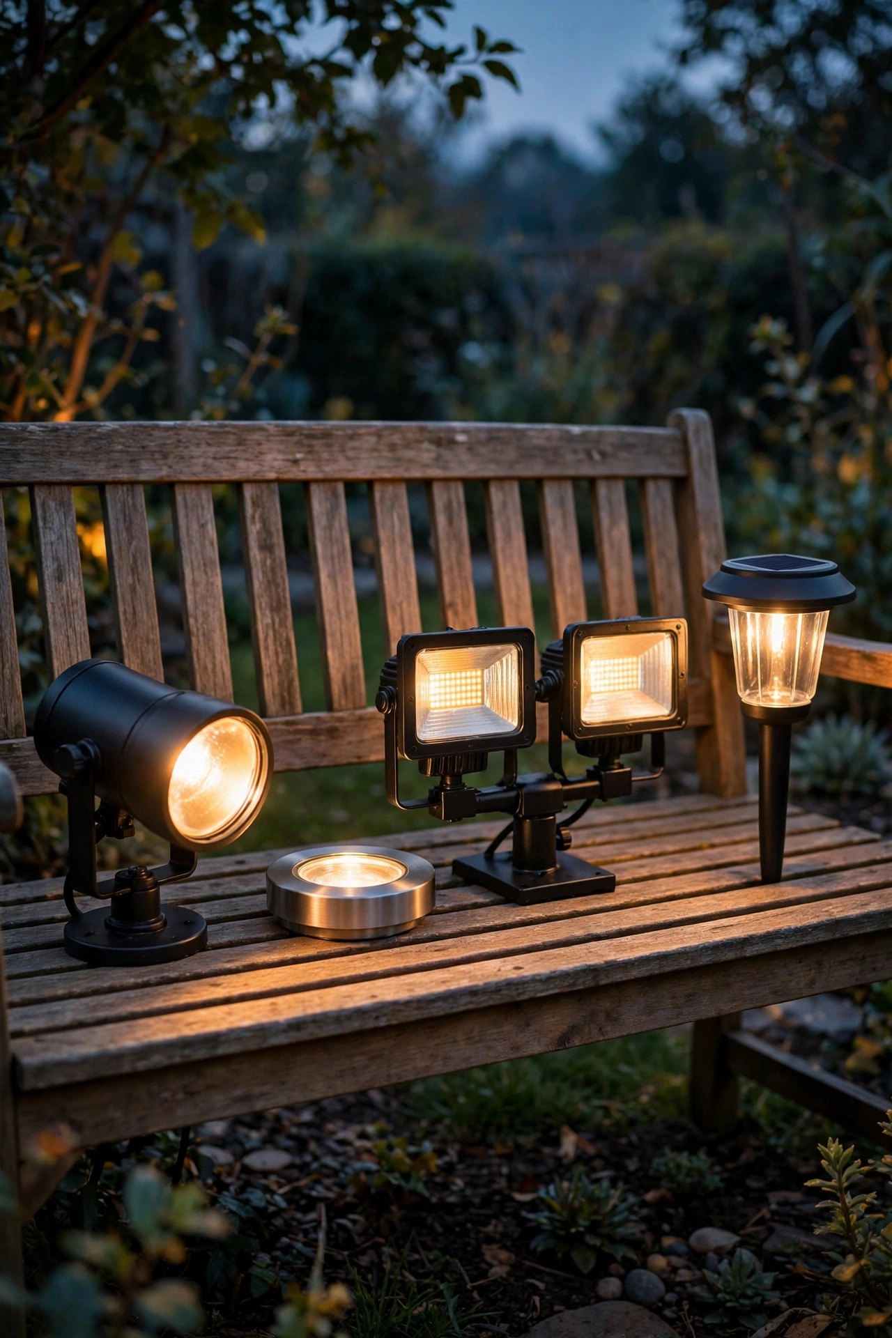 Row of outdoor fixture types on a garden bench at dusk, a bullet spotlight, a flush in-ground well light, a twin-head flood fixture and a solar stake light