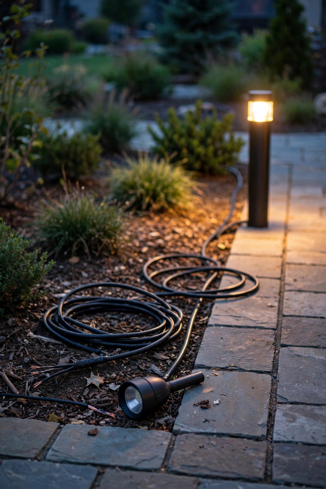 Low-voltage cable and a path light laid out along a walkway edge at dusk during installation, with a bollard light already mounted and glowing nearby