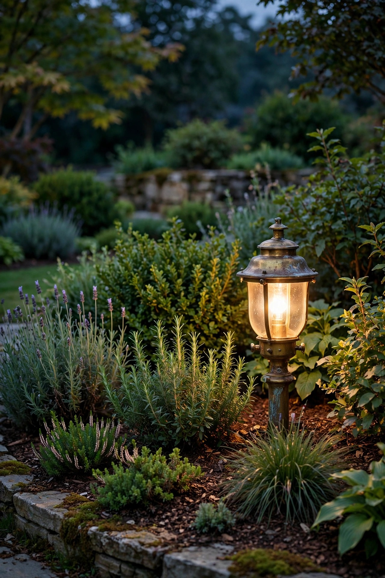 Mature garden bed at dusk where an aged brass fixture still glows warm and steady beside shrubs in a timeless landscaped yard