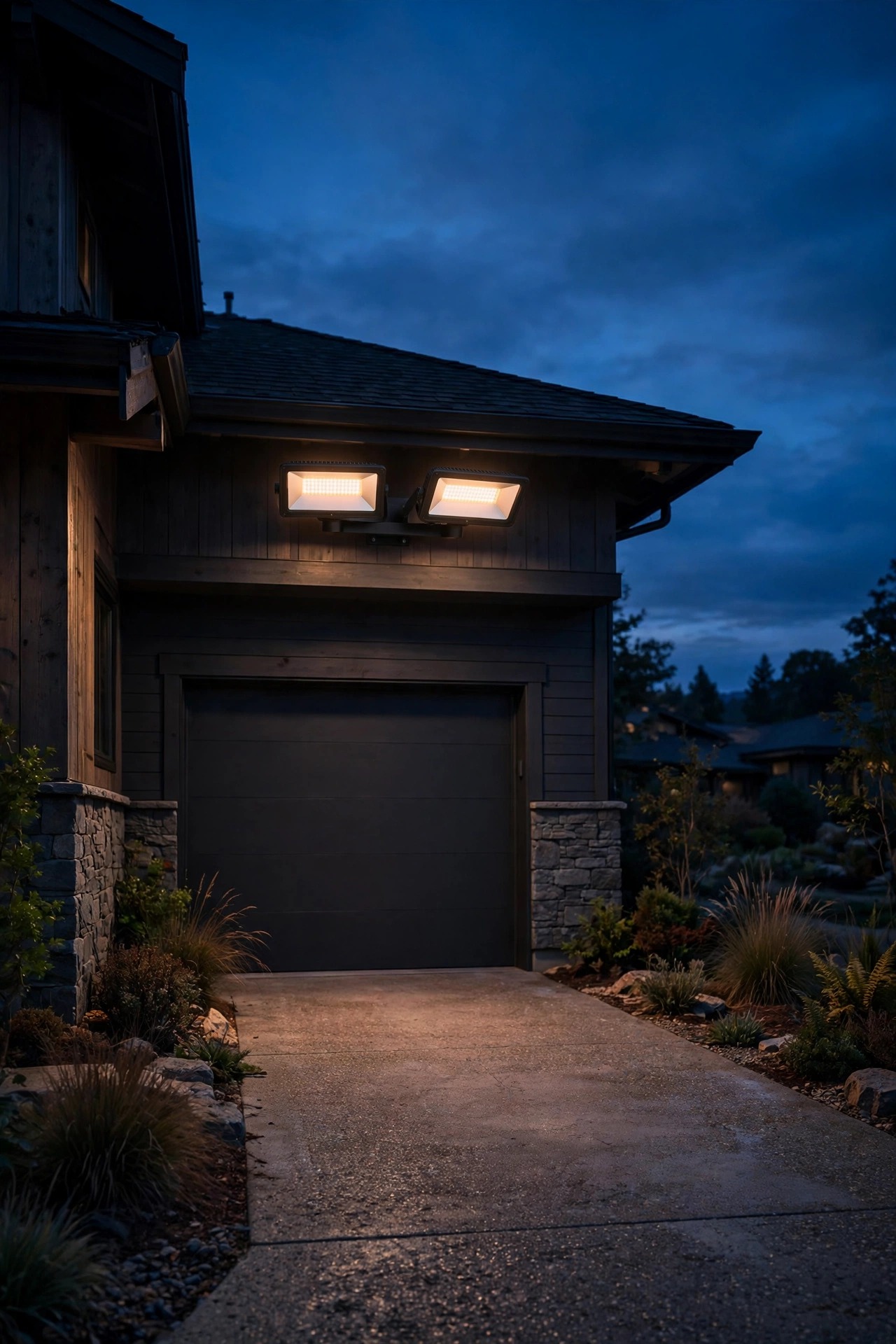 Dual-brightness motion floodlight above a driveway glowing at a soft dim idle at night, warm low light keeping the whole scene softly visible