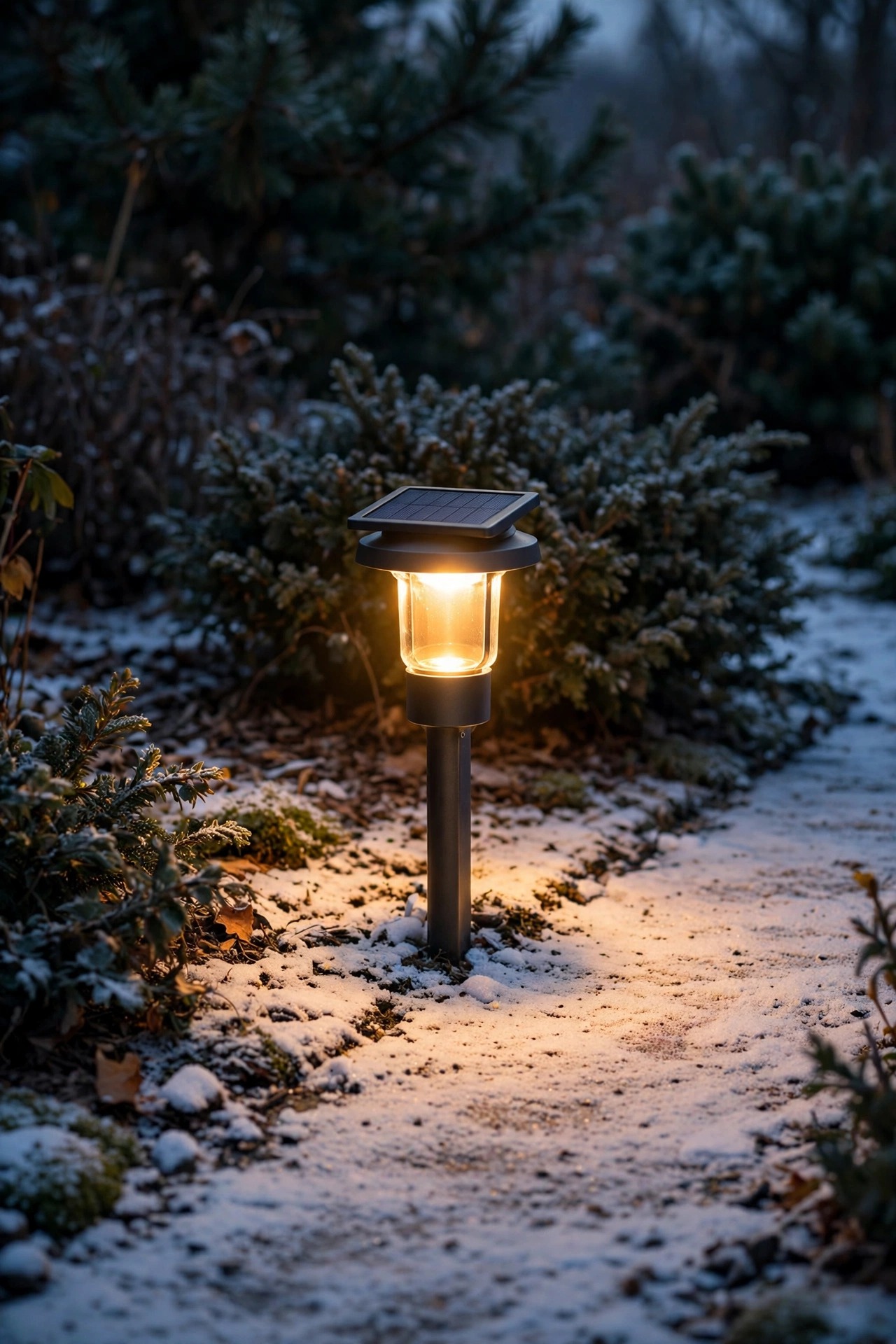 Solar smart path light with a small panel glowing warm in a winter garden at dusk, light snow on the ground and evergreen shrubs behind it