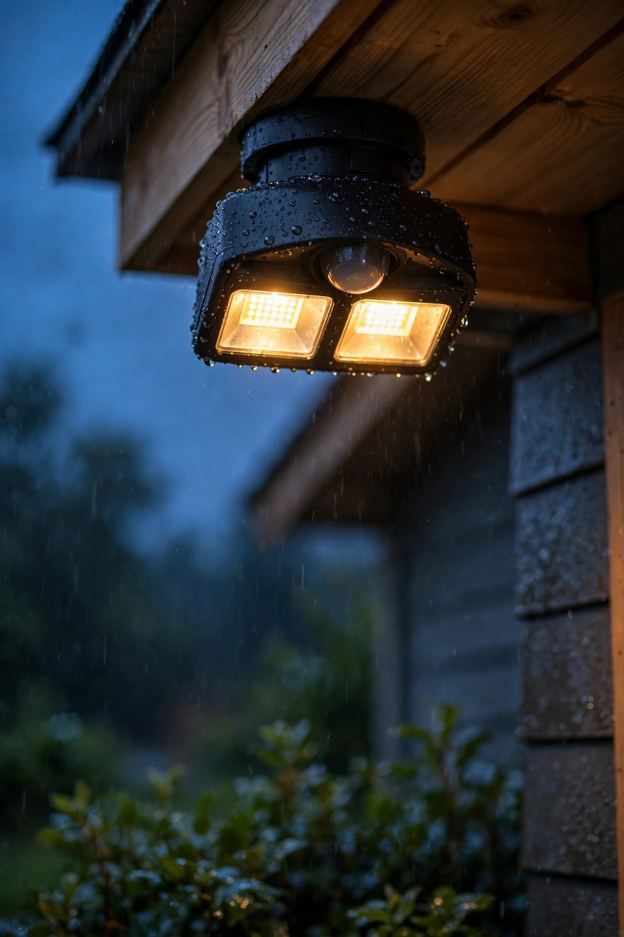 Weatherproof motion sensor floodlight mounted under an eave with rain droplets on its housing at dusk