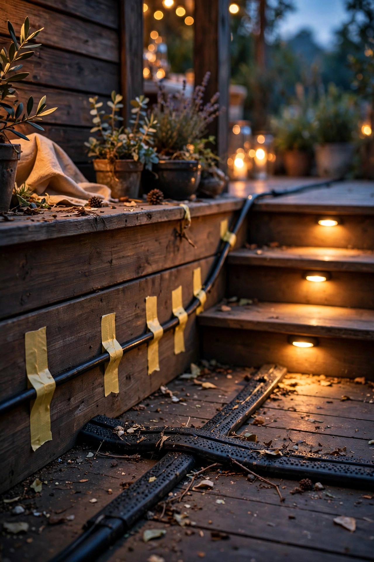 Close detail of a party-ready patio edge at dusk, taped-down cord running along a wall, covered cord crossing and warm step lights marking deck stairs