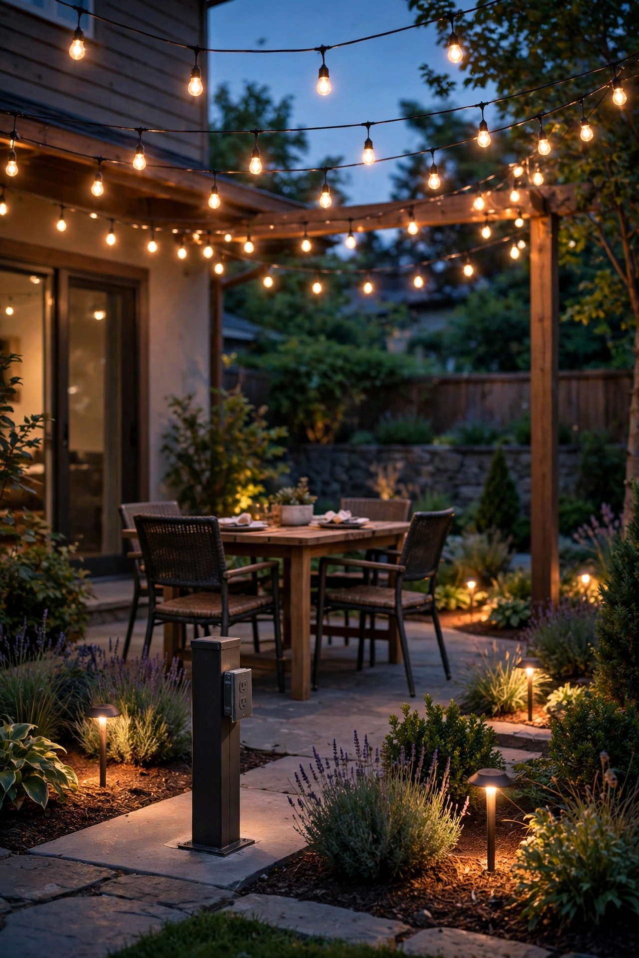 Dusk view of a backyard patio with a newly installed outdoor outlet post and warm string lights above a dining set, garden beds glowing with low-voltage lights