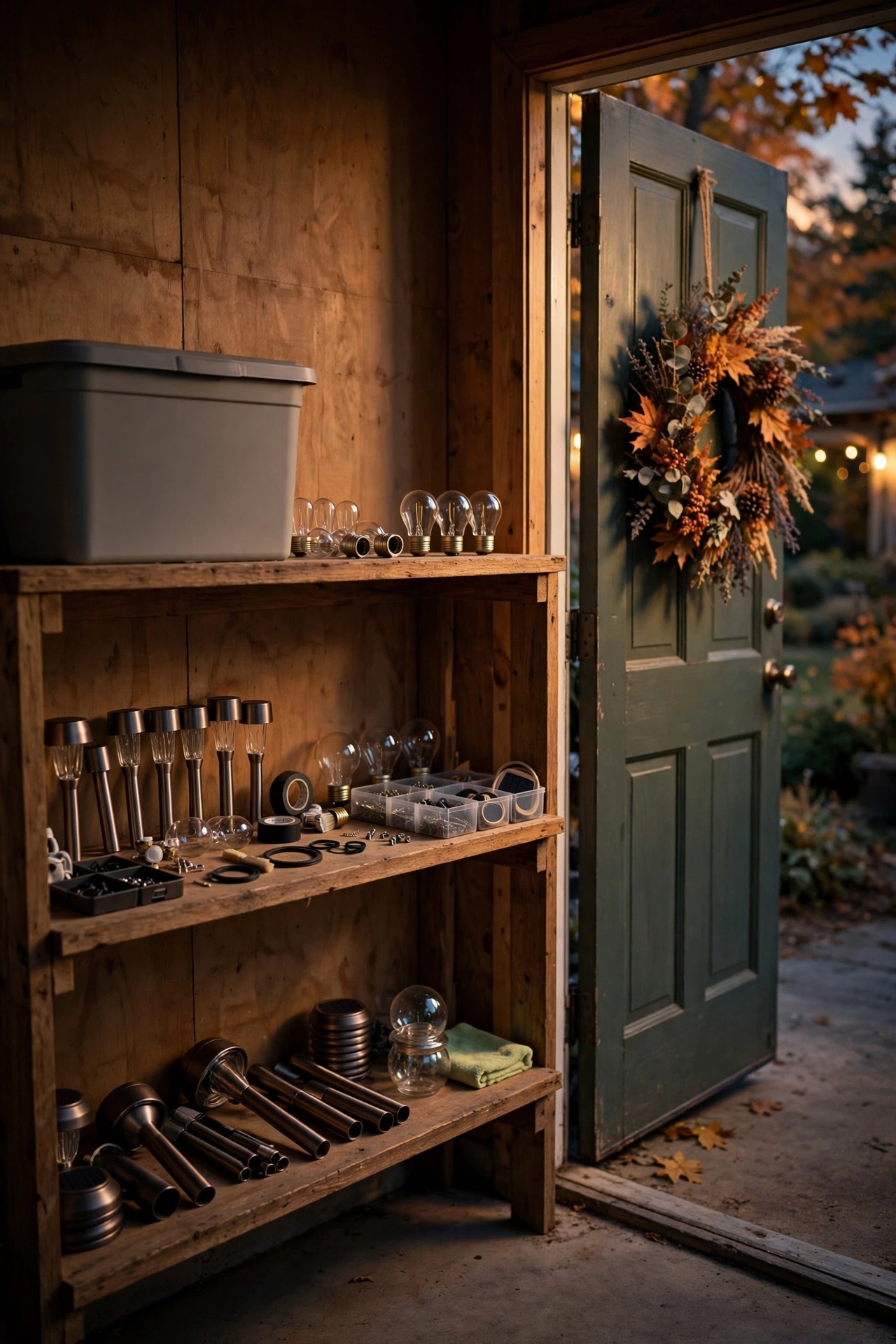Photorealistic cozy garage shelf scene at dusk with a labeled storage bin, spare bulbs and garden light parts neatly arranged, warm light spilling from a nearby doorway, autumn wreath hanging by the door