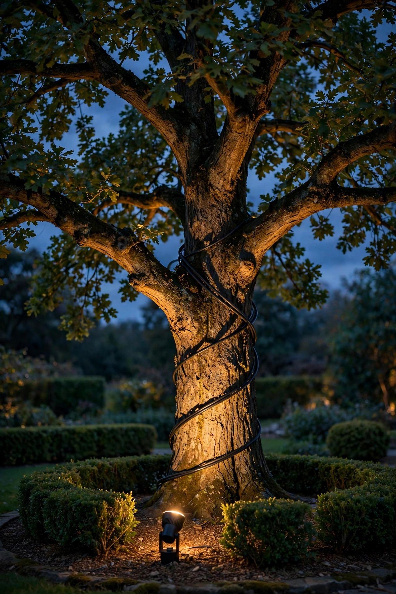 Mature tree uplighted warmly at dusk with cable dressed loosely along the trunk and shrubs pruned clear of the fixture