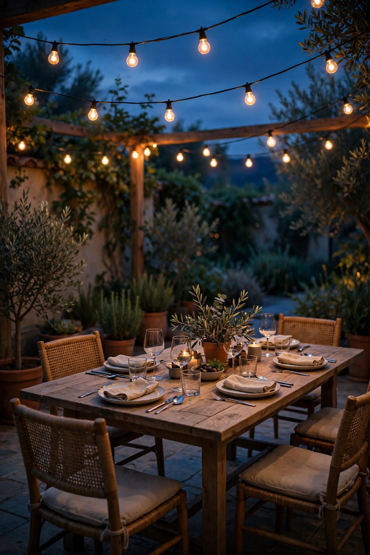 Family patio at dusk with warm string lights dimmed low over a dining table, a voice command away from full brightness