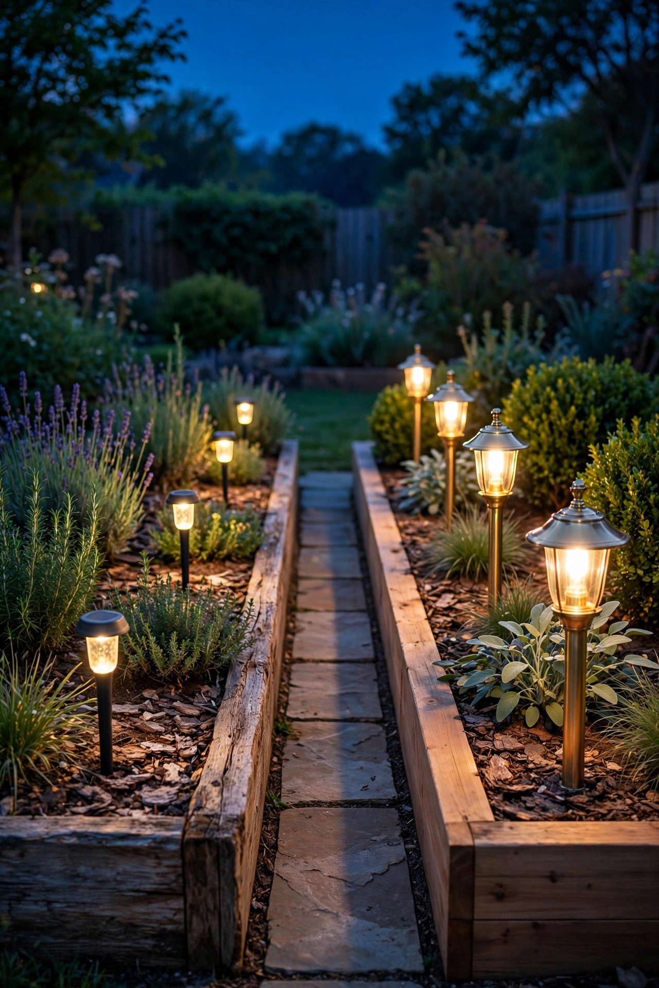 Two garden beds at dusk side by side, simple solar stake lights glowing in one and solid brass path fixtures in the other, showing how materials change as budgets grow