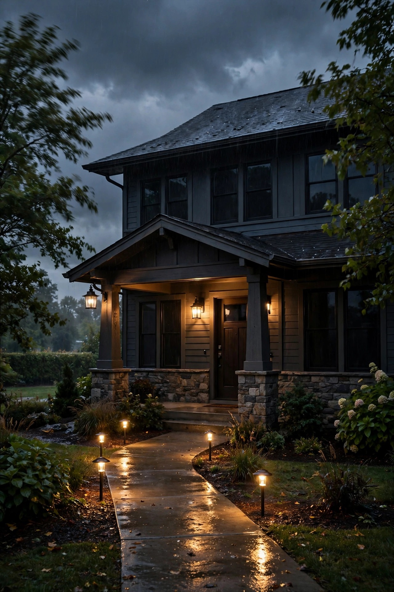 House exterior at dusk on a stormy evening with porch and path lights glowing steadily warm while the windows stay dark
