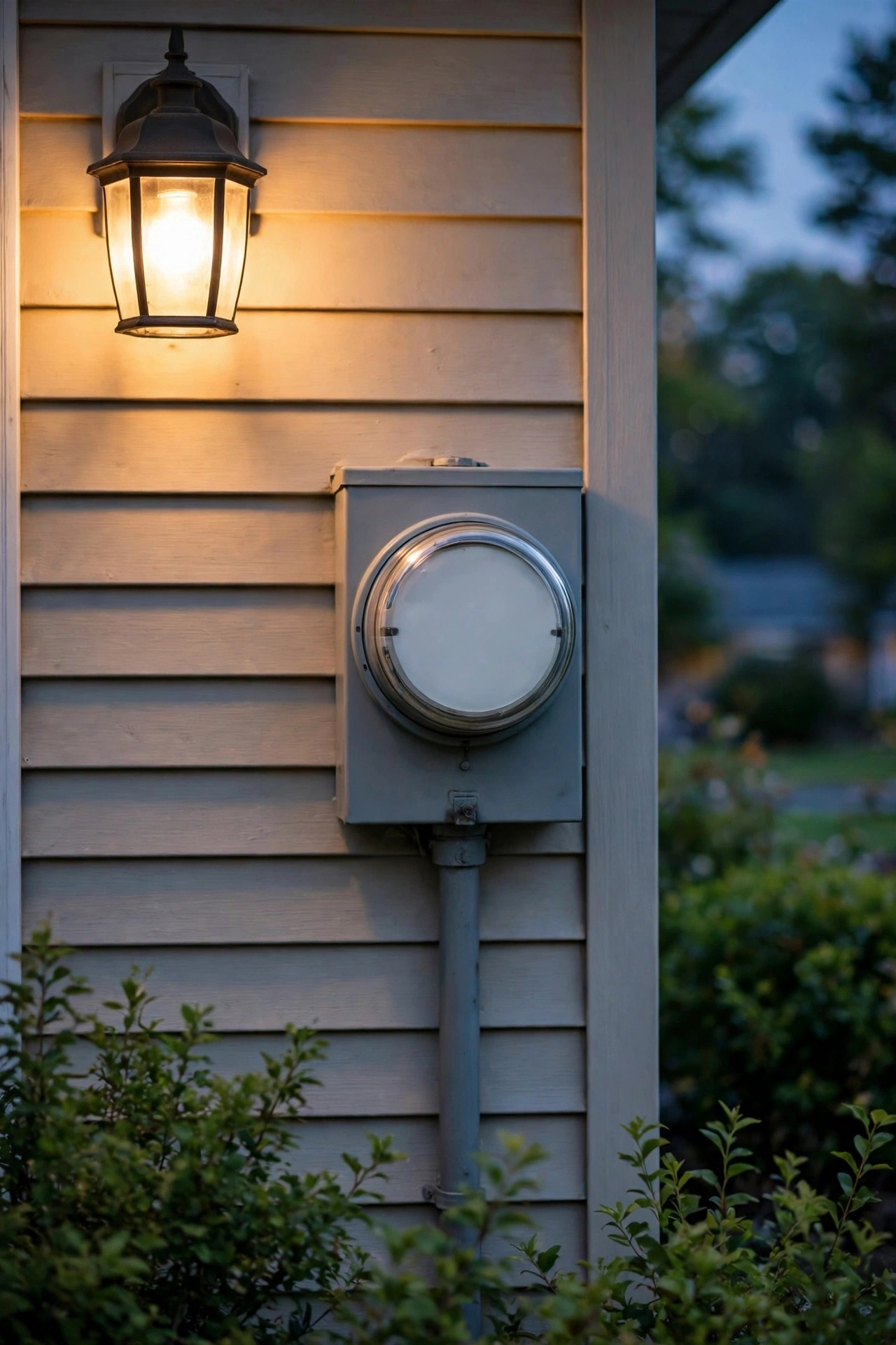 Residential electric meter mounted on the side of a house in soft evening light with a warm porch light glowing nearby