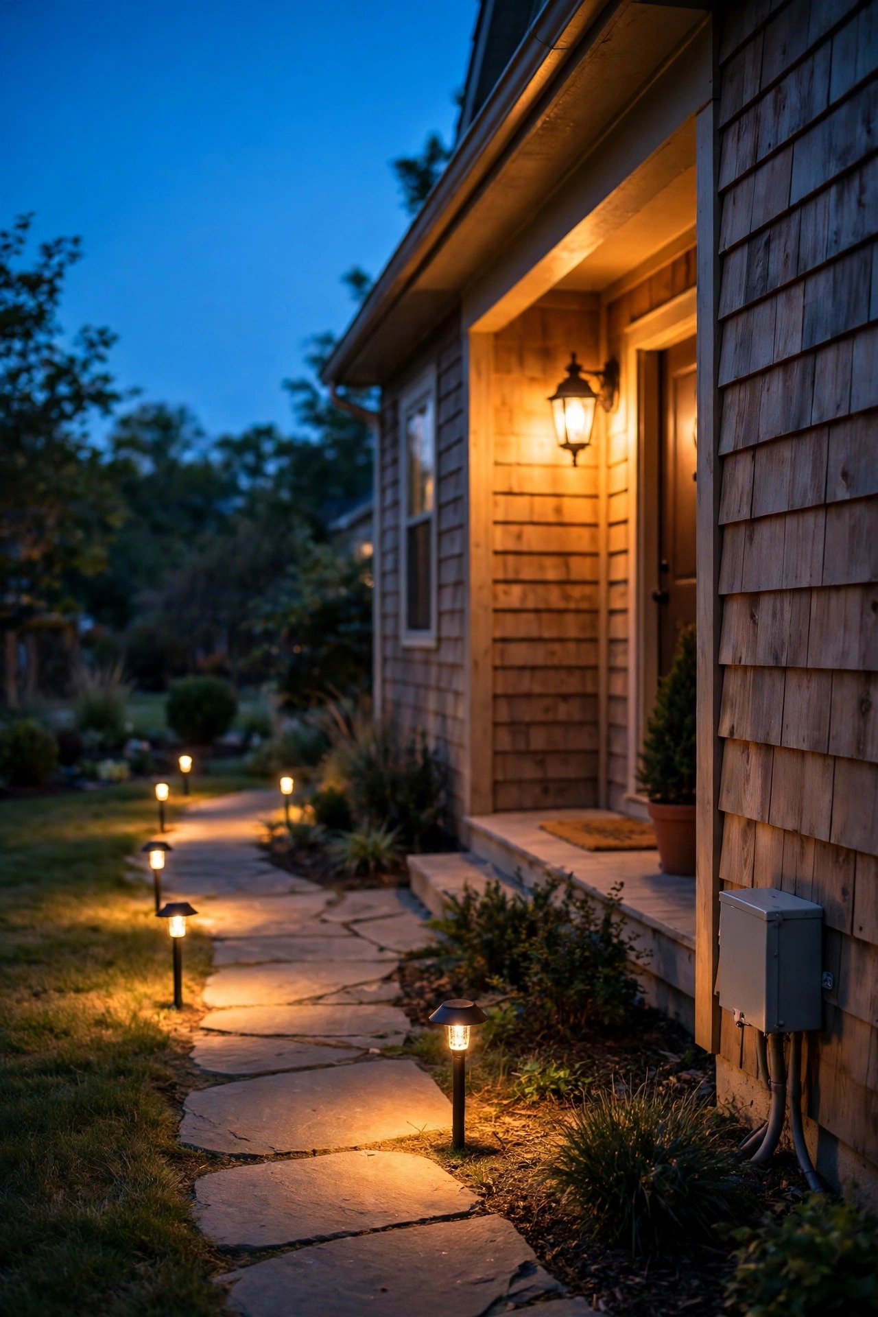 Low voltage path lights and a warm porch lantern lighting a rental home walkway at dusk with a small unmarked transformer box mounted on the wall