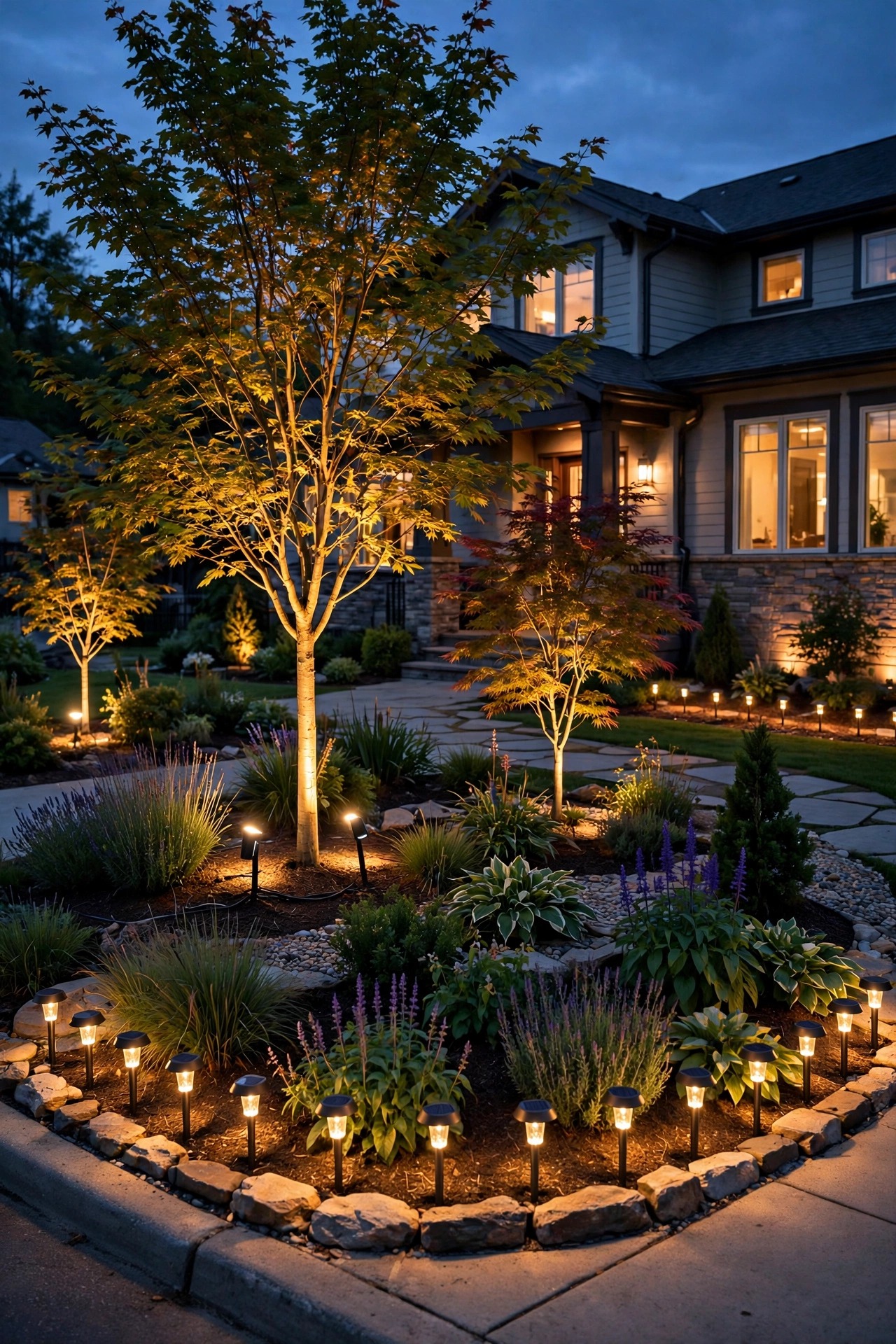 Whole front garden at dusk in layered warm light, wired LED uplights on a small tree and solar stake lights edging a back bed, one cohesive design