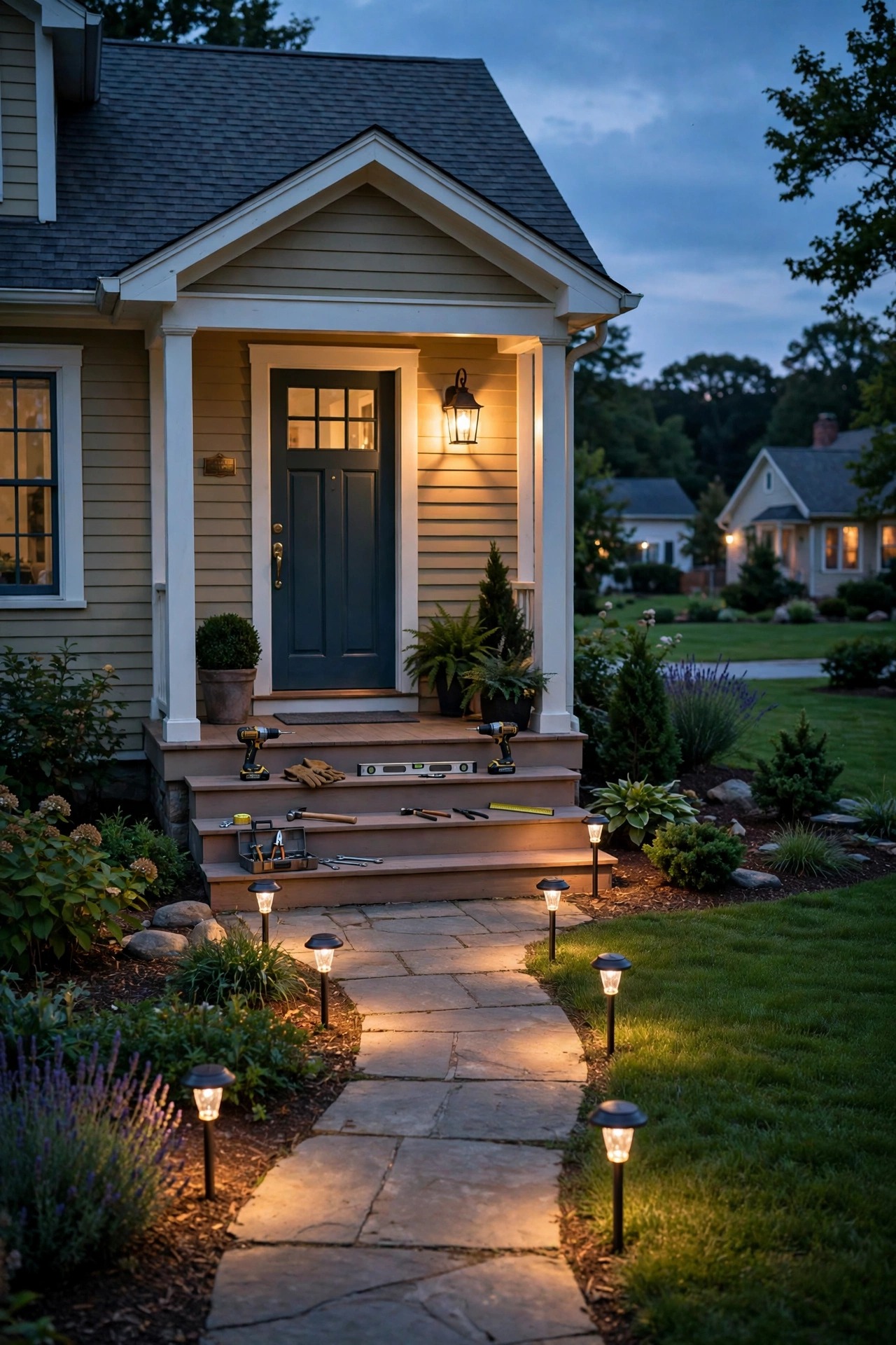 Photorealistic late afternoon view of a suburban front yard mid-installation, new porch lantern glowing, solar path lights placed along the walk, tools resting neatly on the porch steps, warm light