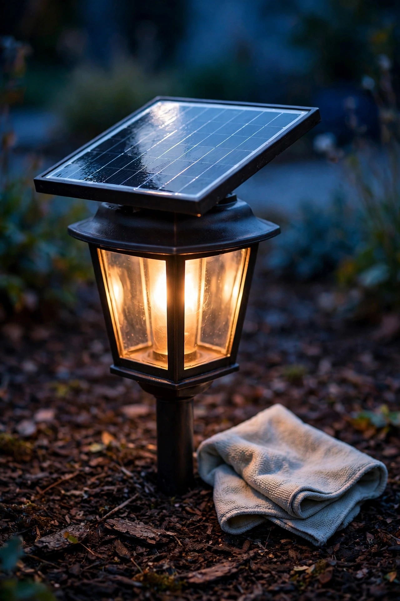 Close view of a hand-free scene of a solar path light with a freshly wiped clean solar panel gleaming, soft cloth resting on the mulch beside it, warm light glowing at dusk