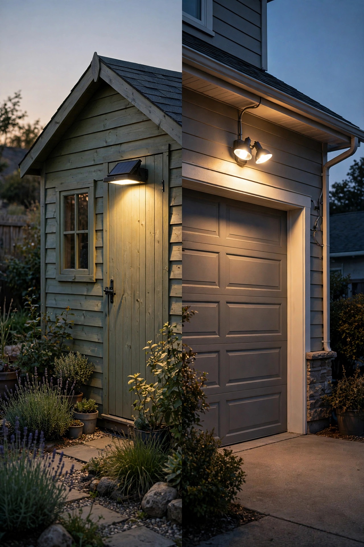 Side-by-side comparison of a solar flood light on a garden shed and a wired flood over a garage
