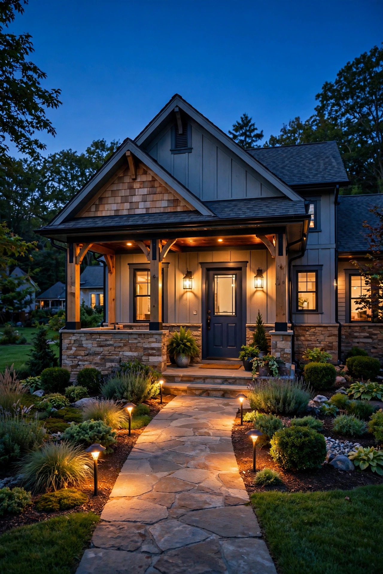 Charming home at dusk with strong curb appeal, warm lighting along the front walk and entry, neat beds and a glowing porch ready for evening visitors