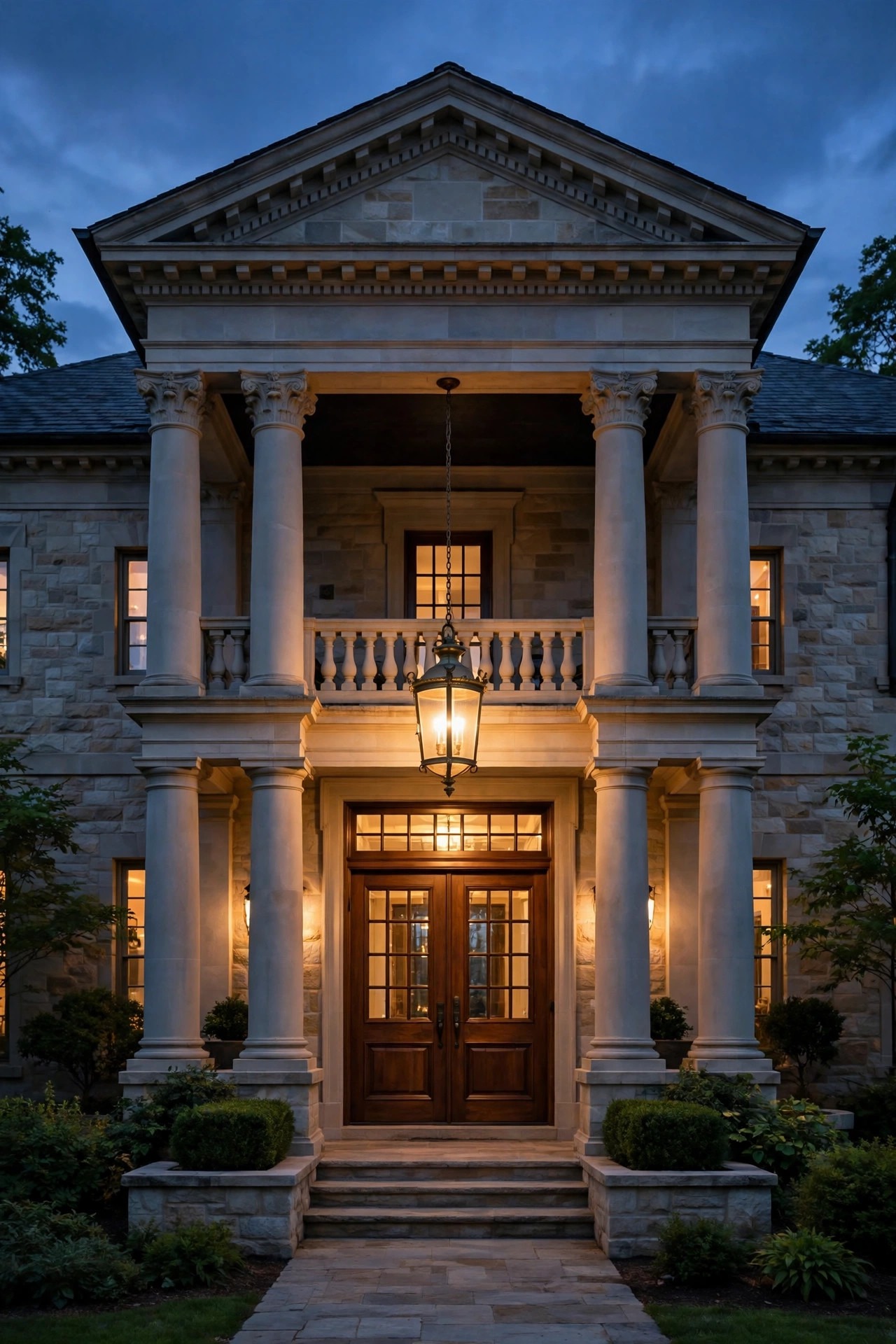 Grand two-story entry portico at dusk with a large long-drop pendant lantern glowing warm above double front doors with a transom window
