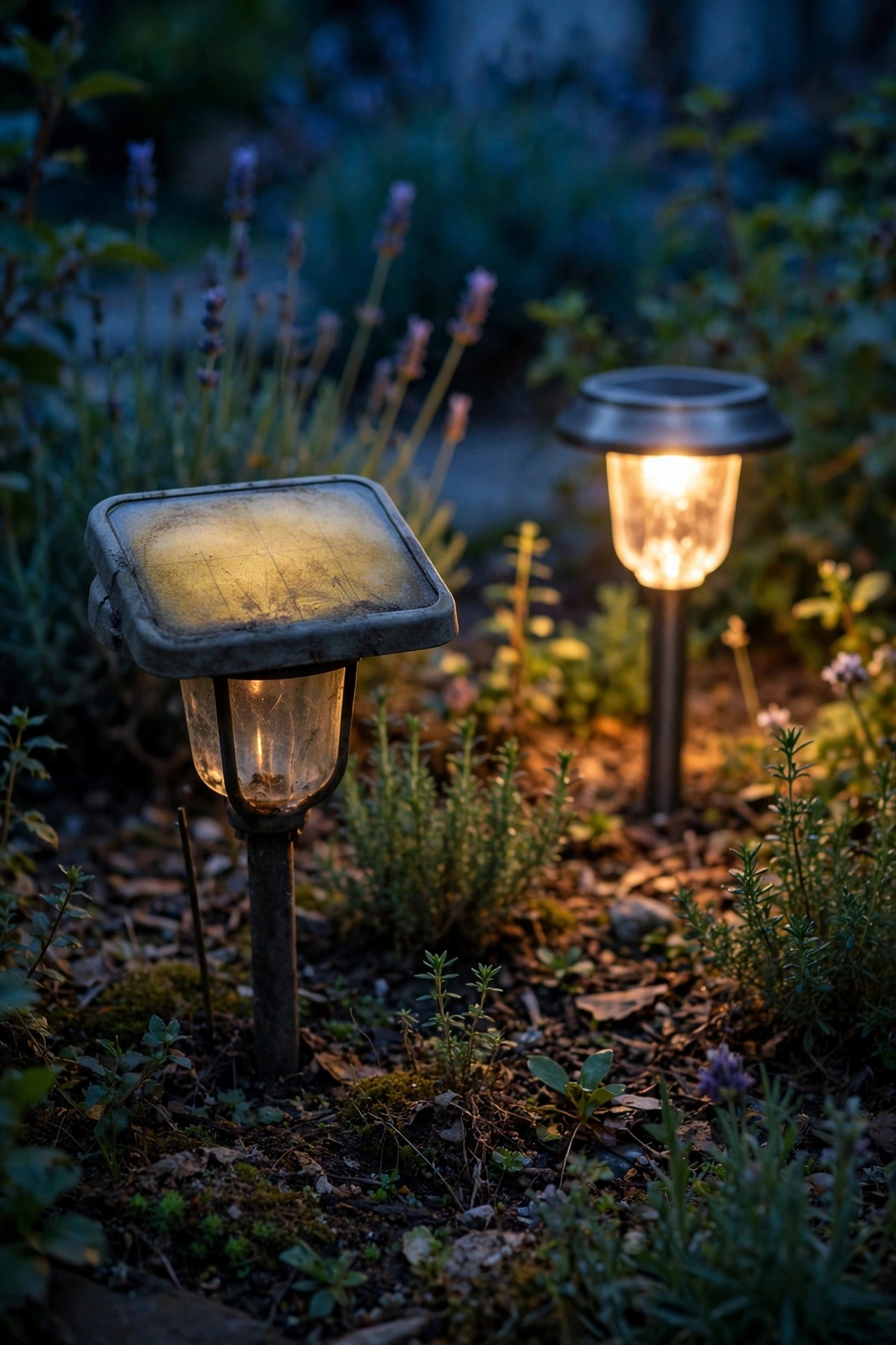 Solar garden light with a yellowed cloudy solar panel glowing dimly at dusk