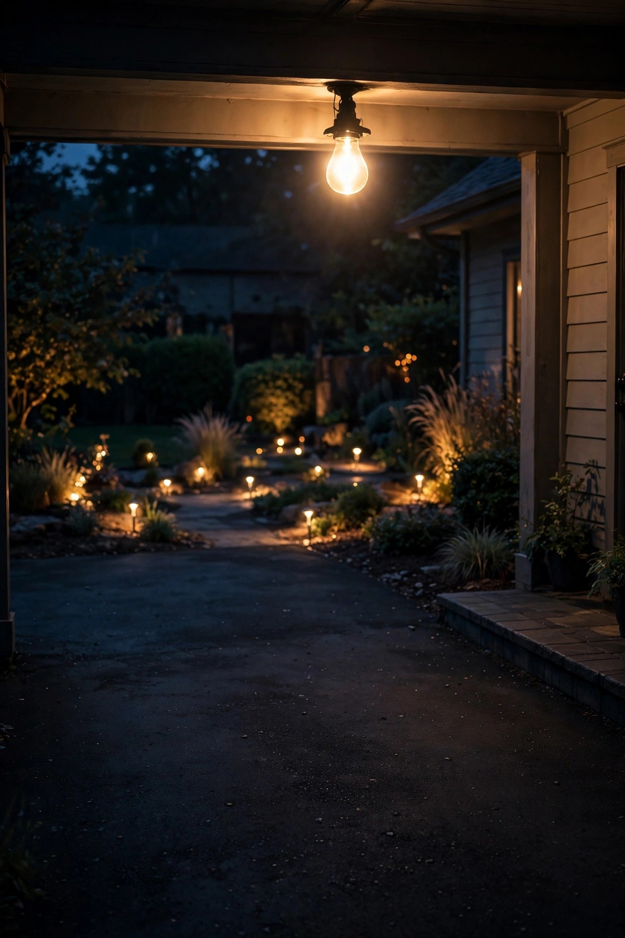 Single bright porch bulb burning over a dark quiet driveway at night while a softly glowing LED garden with path lights shines in the background