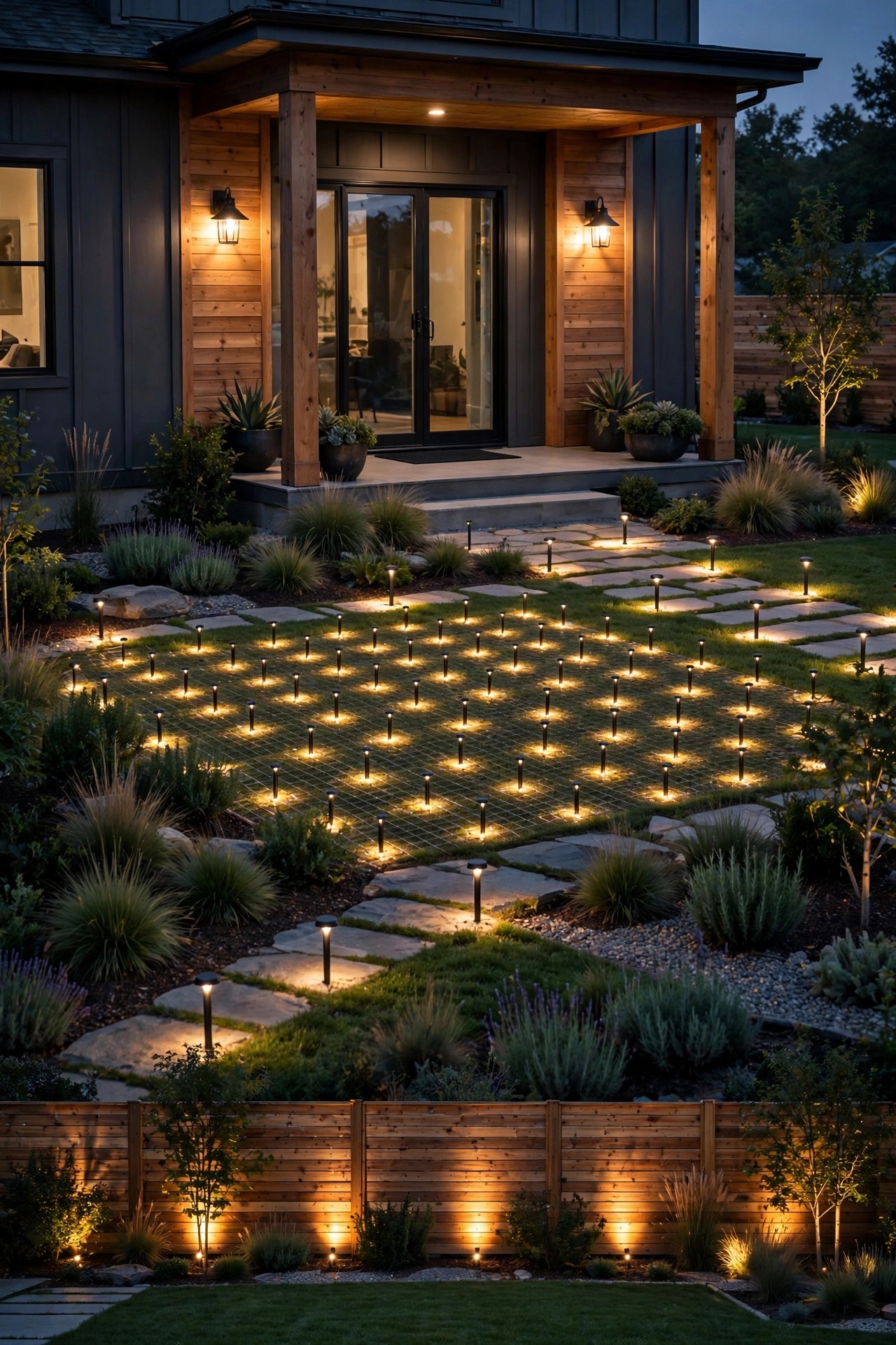 Wide dusk view of a front yard, wired path lights lining the main walk to the porch while solar stakes dot the garden beds and fence line