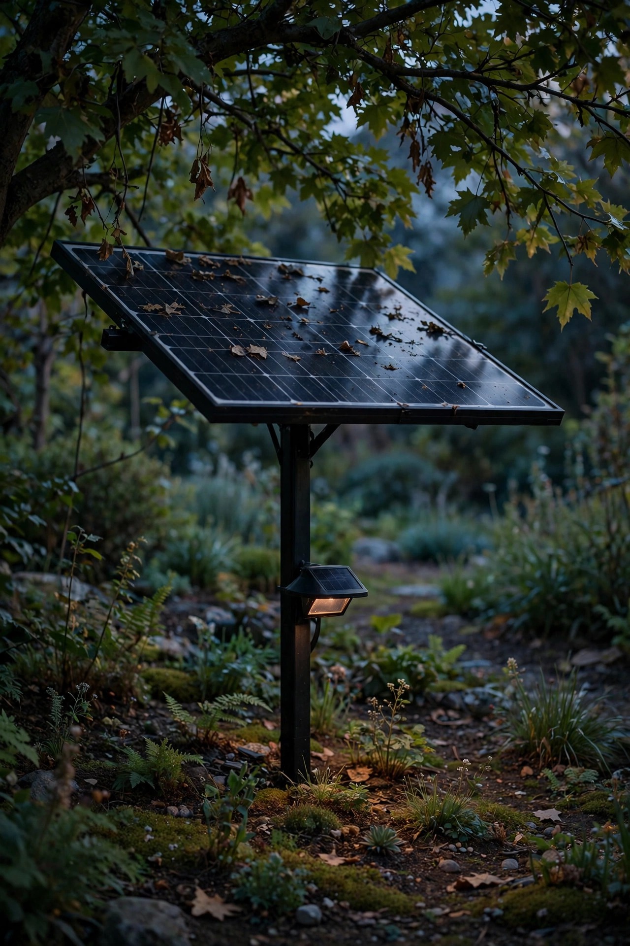 Solar panel shaded by tree branches above a dim solar flood light in a garden