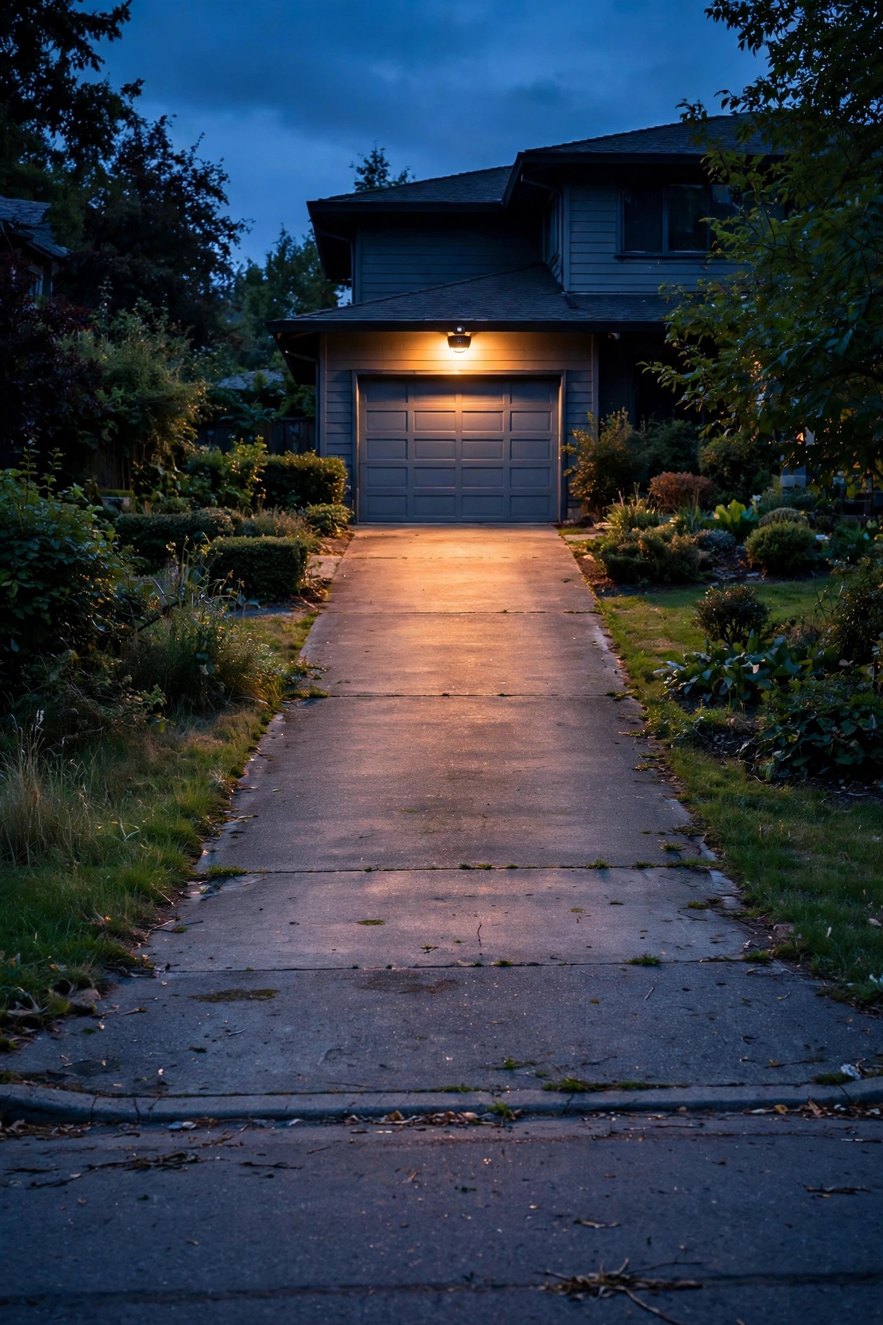 Person silhouette walking across a driveway at dusk toward a glowing motion sensor light during a test walk
