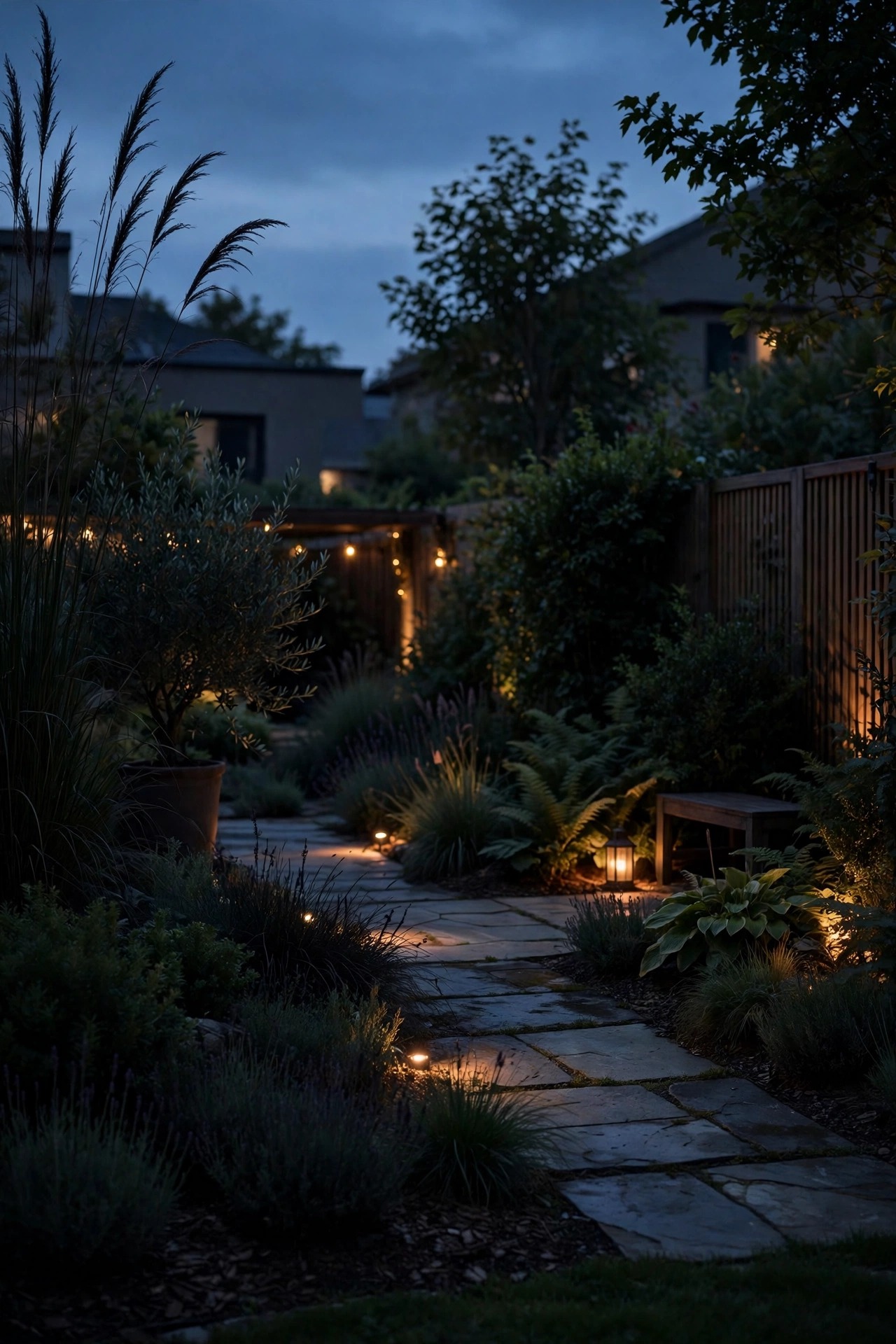 Photorealistic dusk view of an tastefully under-lit suburban garden with a few warm lit features and restful dark planting areas between them, showing elegant restraint in outdoor lighting