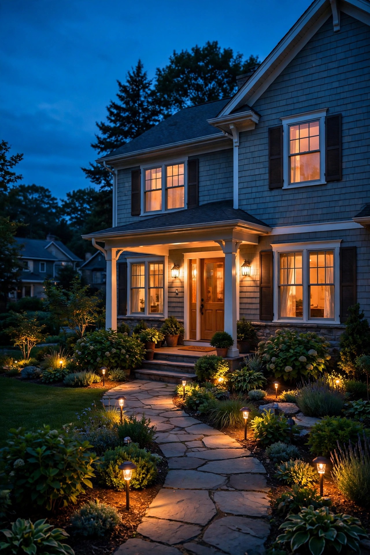 Peaceful suburban home at blue hour with porch, path and garden lights all glowing in warm layers as night settles in