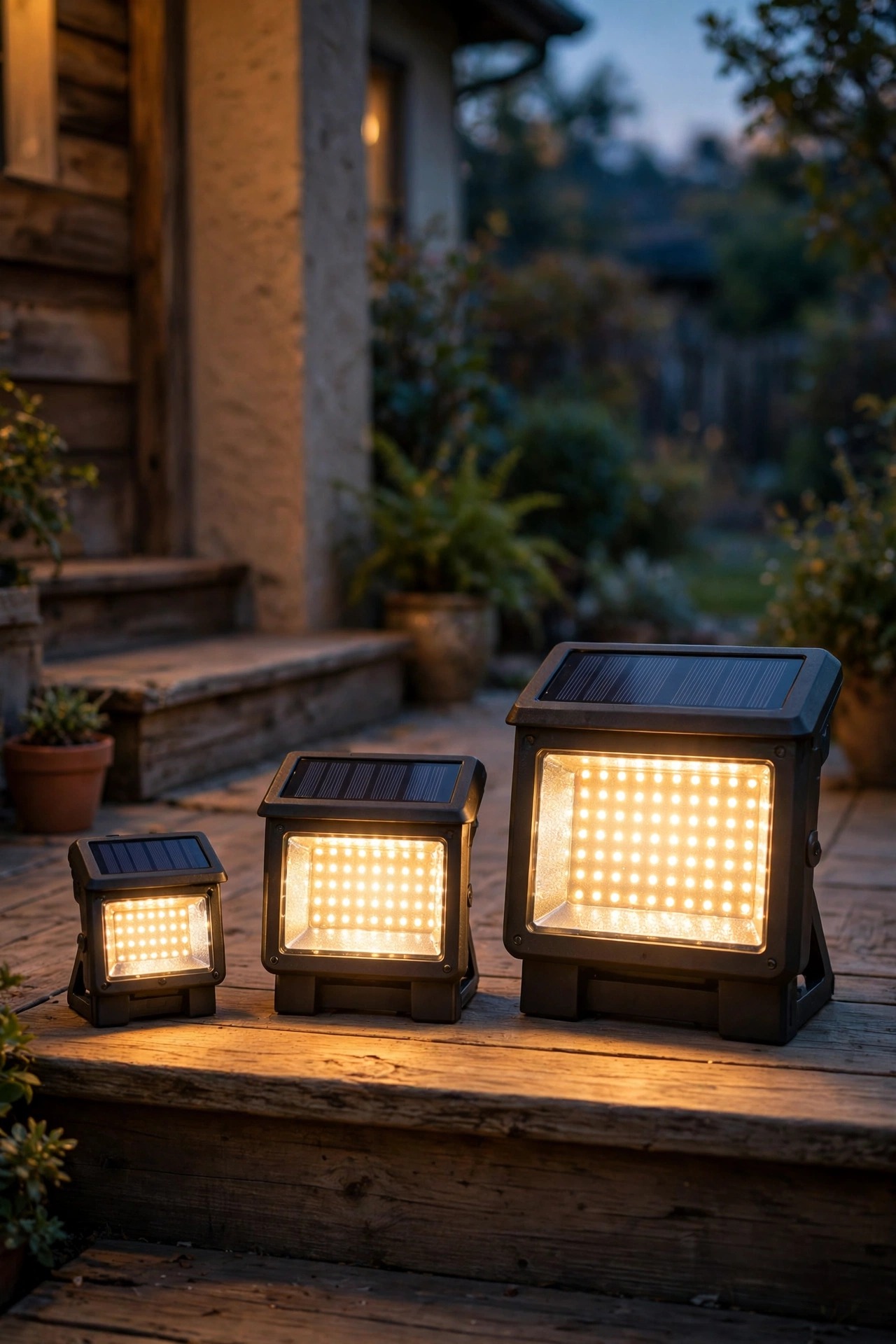 Three sizes of solar flood lights arranged on a porch step showing small, medium, and large options
