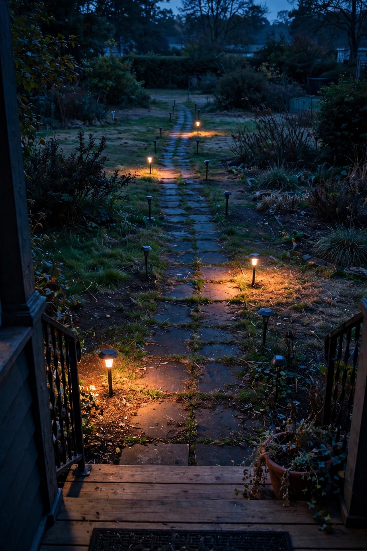 Walkway at dusk with bollard lights spaced too closely together creating a runway effect, contrasted with a softly lit garden path in the background