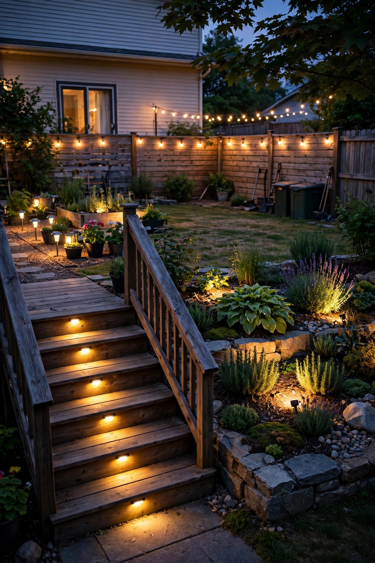 Photorealistic dusk view of a suburban backyard one month after a budget lighting makeover, with added step lights on patio stairs and a second spotlighted garden bed joining the original glowing zones, warm cohesive evening light
