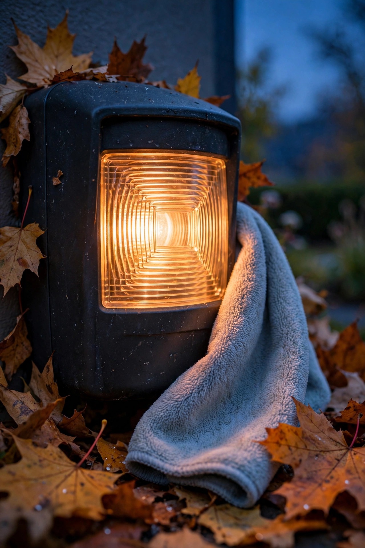 Hand wiping the lens of an outdoor motion sensor light with a soft cloth on a mild autumn evening