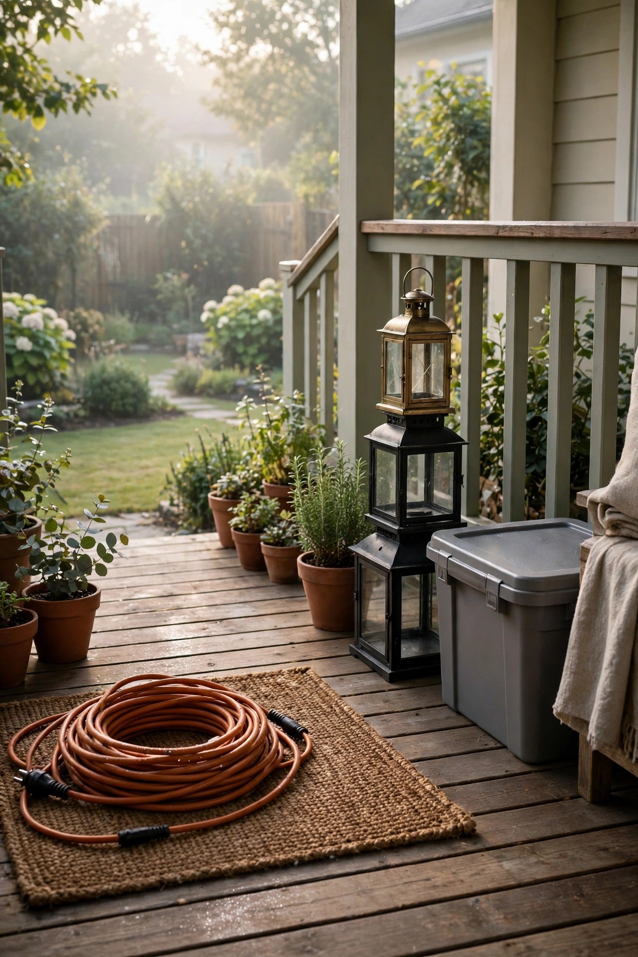 Calm Sunday morning porch scene, coiled extension cord, stacked lanterns and a tidy storage bin beside a softly lit tidy backyard