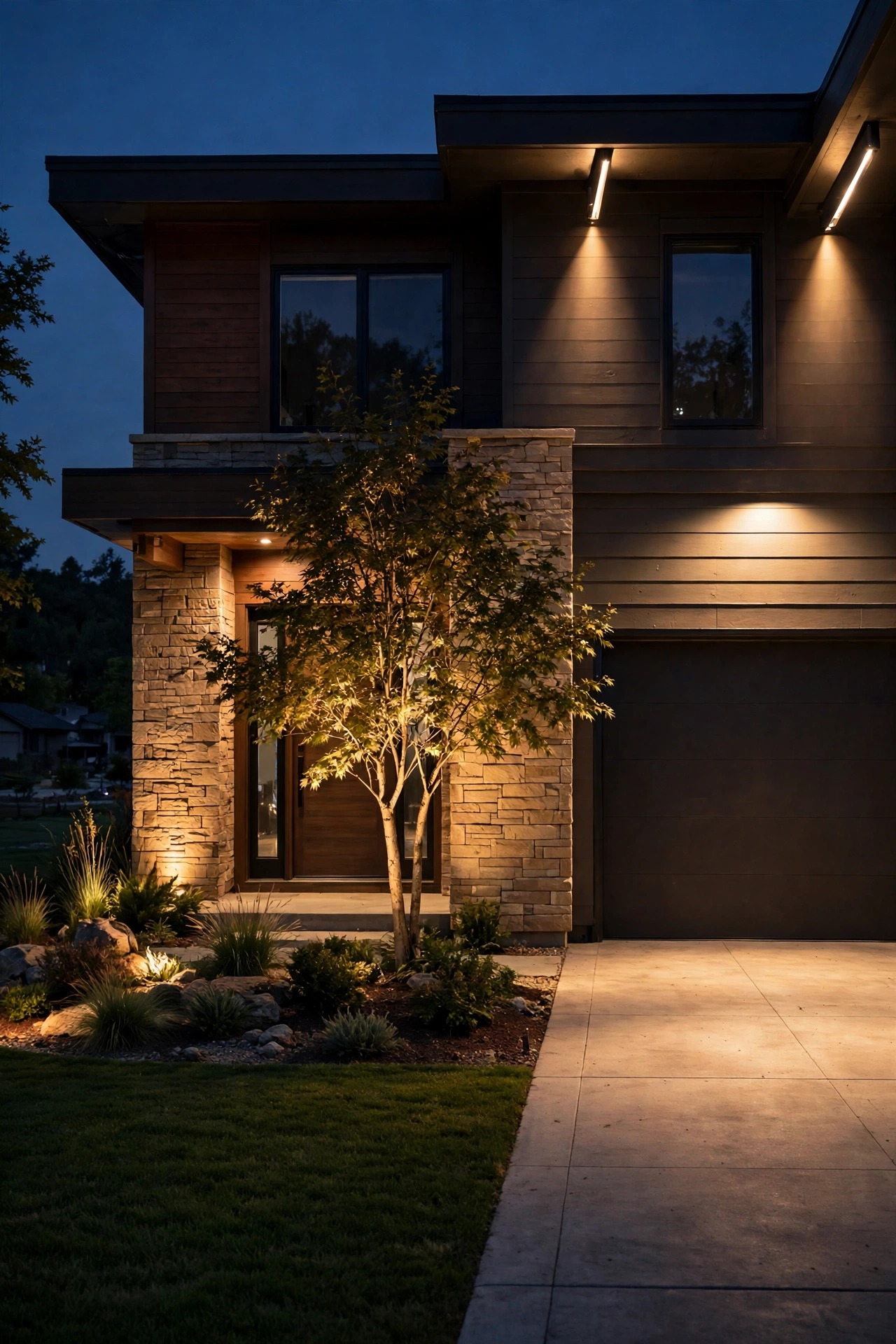 Beautiful front porch at dusk with a perfectly proportioned pendant light glowing warm over the door, layered sconces and a welcoming entry