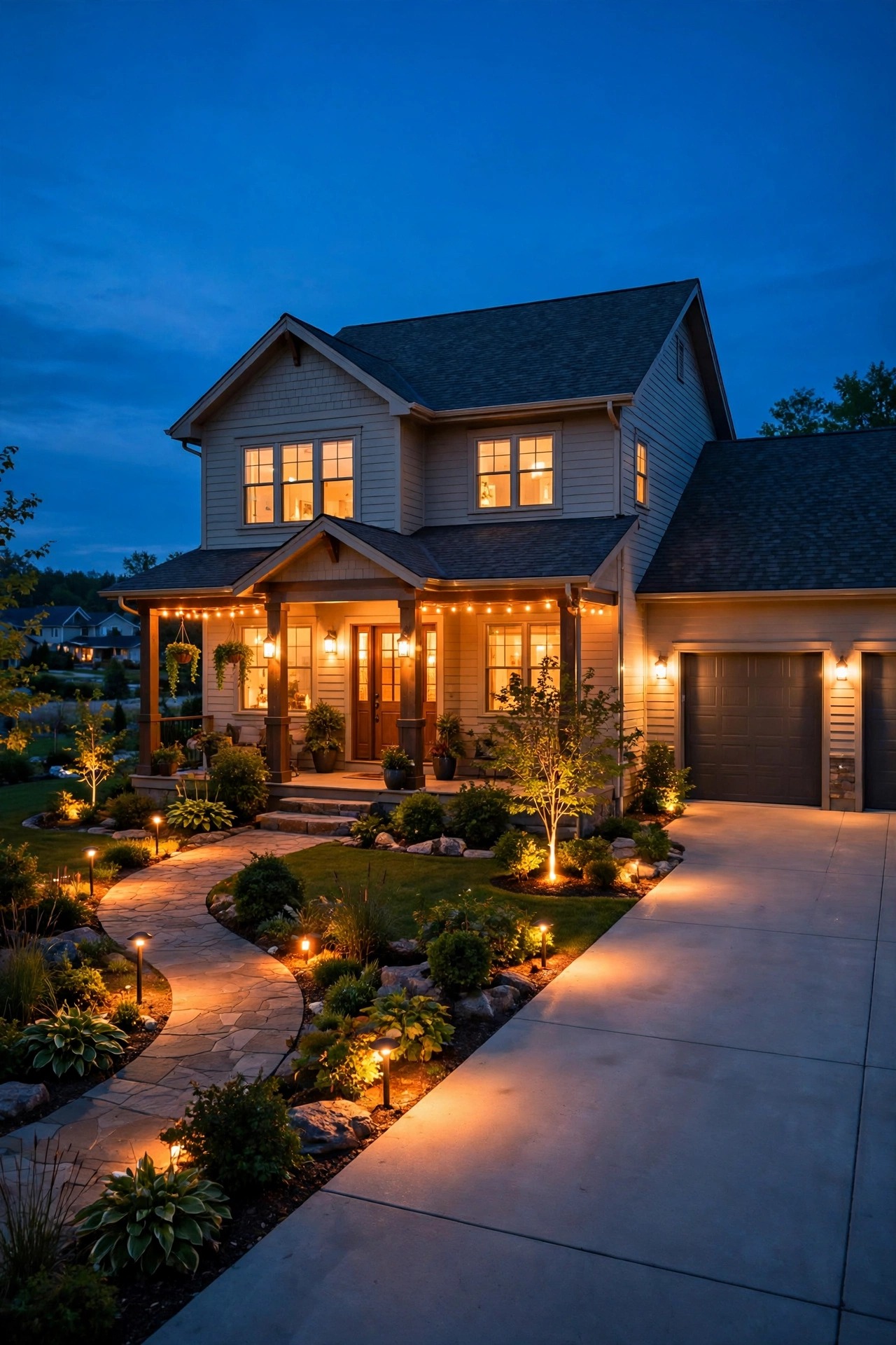 Night view of a fully lit suburban front yard with driveway, side path and porch all evenly glowing in warm light, every approach zone clearly visible